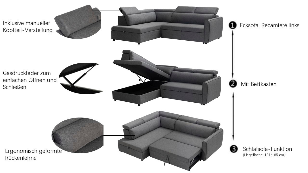 OTTO home Schlafsofa »KALLEA, Ecksofa, L-Form (251cm), Cord u. Webstoff« mit Bettfunktion & Bettkasten, verstellbare Kopfstützen