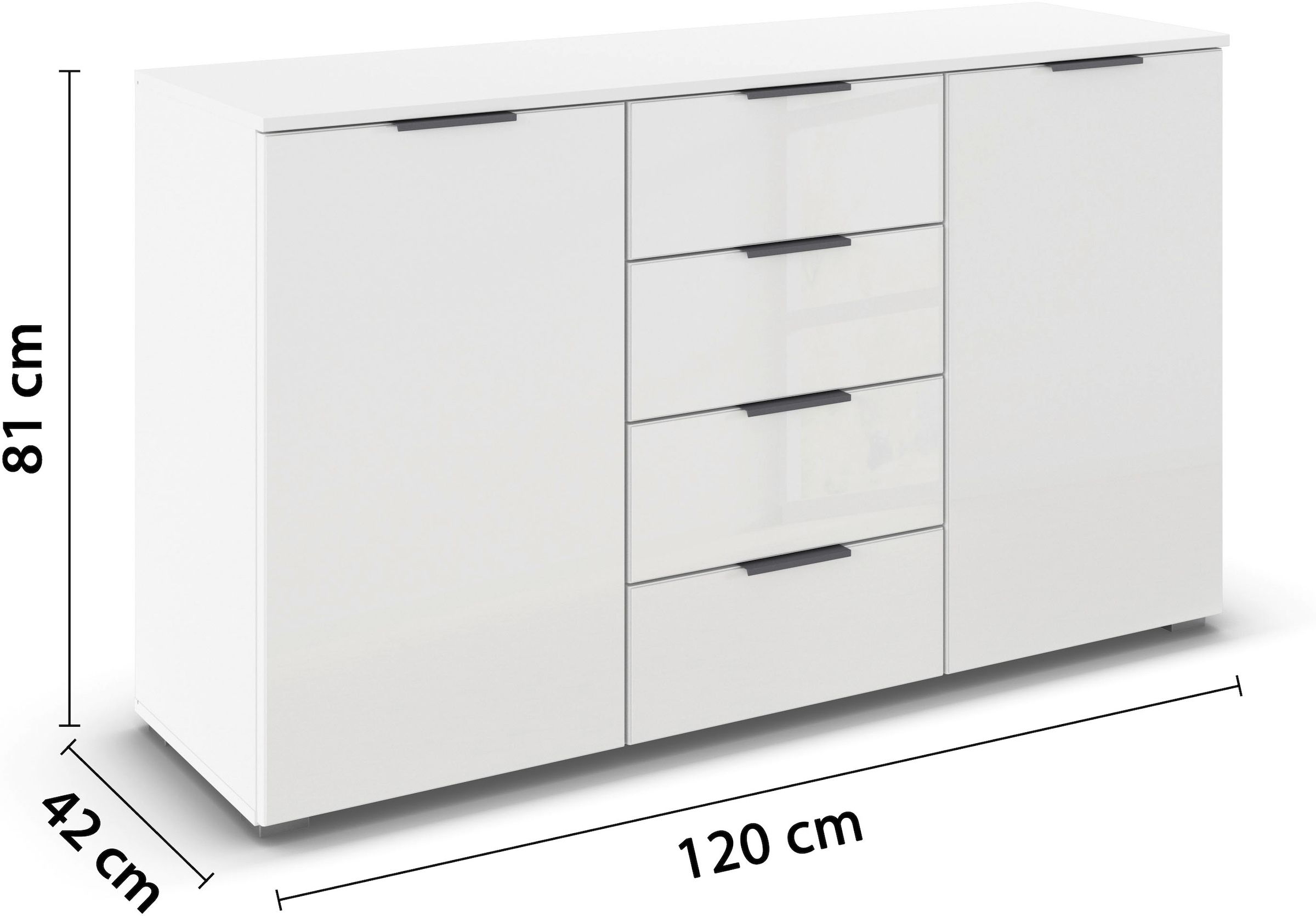rauch Kombikommode »Sideboard Kombikommode Schubladenkommode AGORDO mit Glasfront«, (in zwei Griff-Farben, Breite 120 cm inkl. Soft-Close-Funktion), vier große Schubladen, mit insgesamt 4 Einlegeböden MADE IN GERMANY