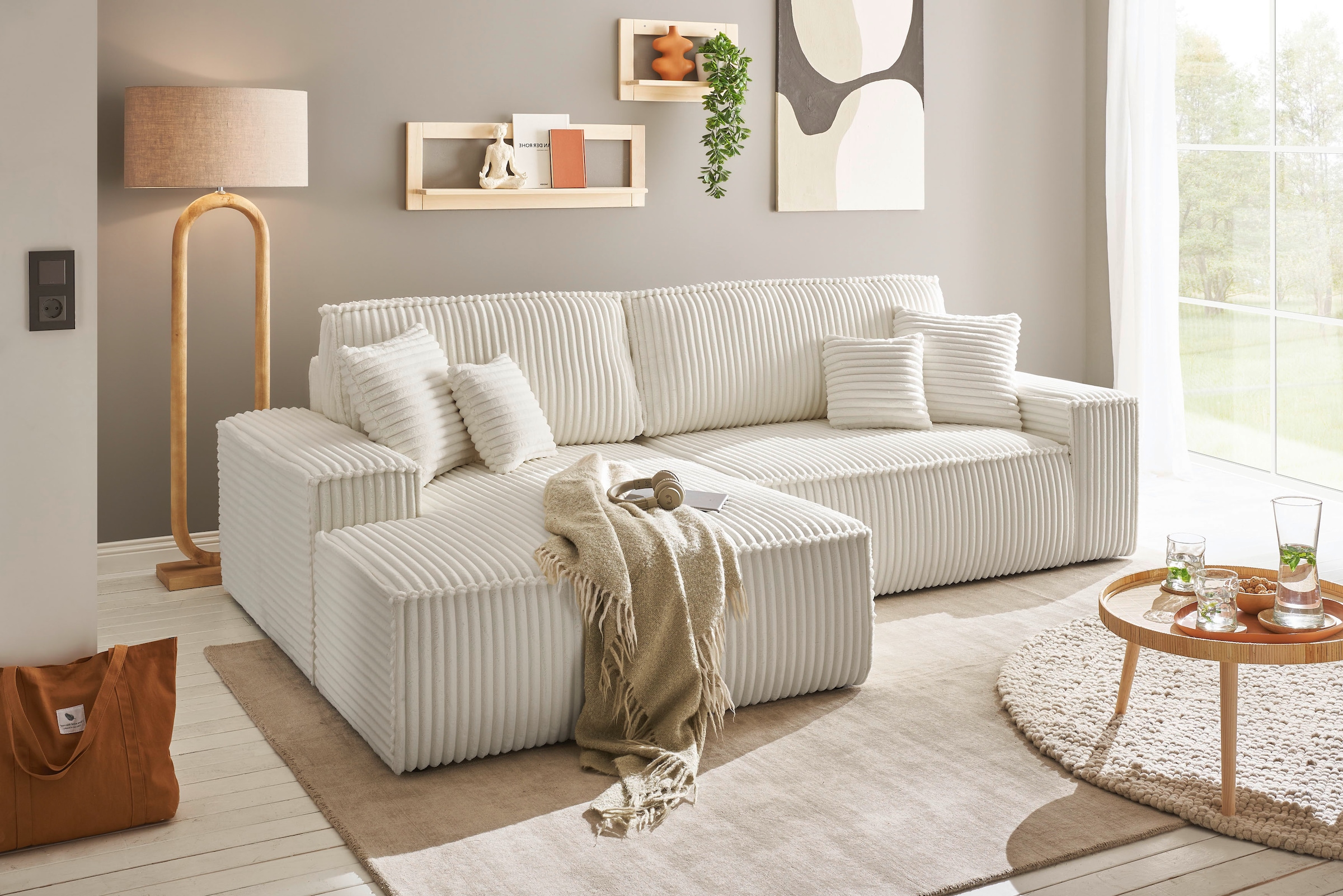 andas Ecksofa »Finnley Schlafsofa 267 cm in Bouclé, Struktur fein u. Cord, L-Form,«, Schlaffunktion m. Bettkasten (136/210 cm), Bouclé, Struktur und Cord