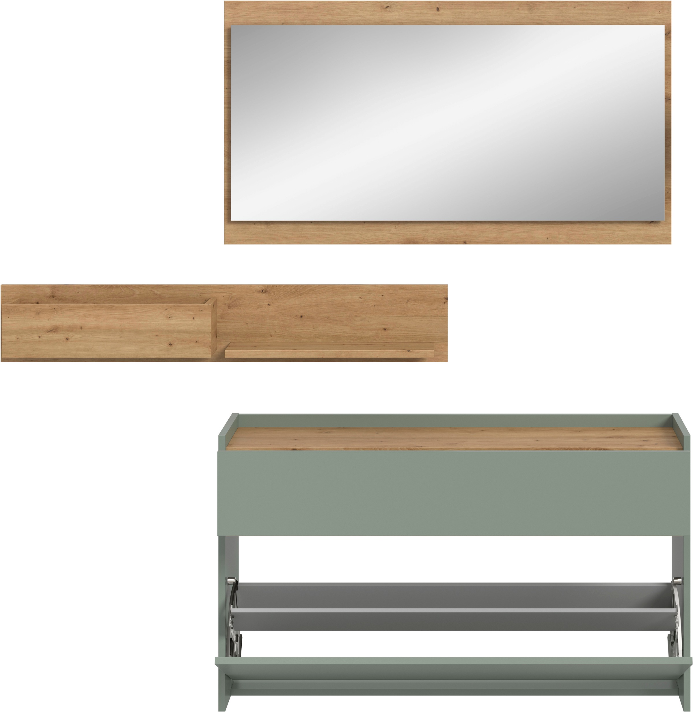 Home affaire Garderoben-Set »EVRID, 3-teilig, Breite 140 cm, individuell hängbar & erweiterbar« best. aus: Kommode, Wandboard & Spiegel, 3 Stk. tlg.