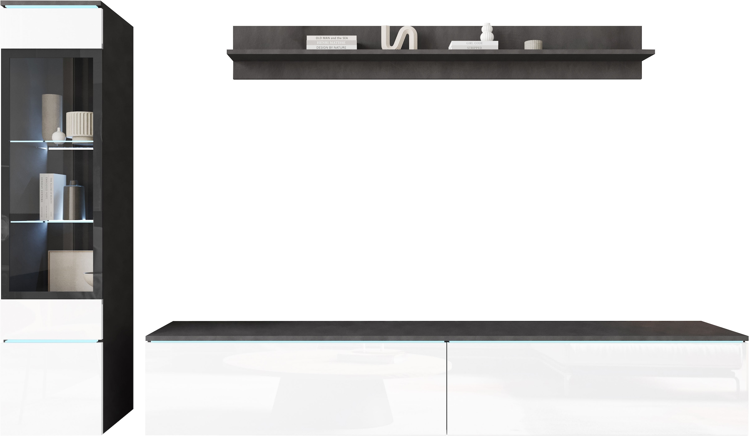 INOSIGN Wohnwand »VERA I, Vitrinen Türanschlag links/rechts wechselbar«, (Komplett-Set, 3 St.), Mediawand 230 cm, Vitrine mit Verglasung, stehend und hängend