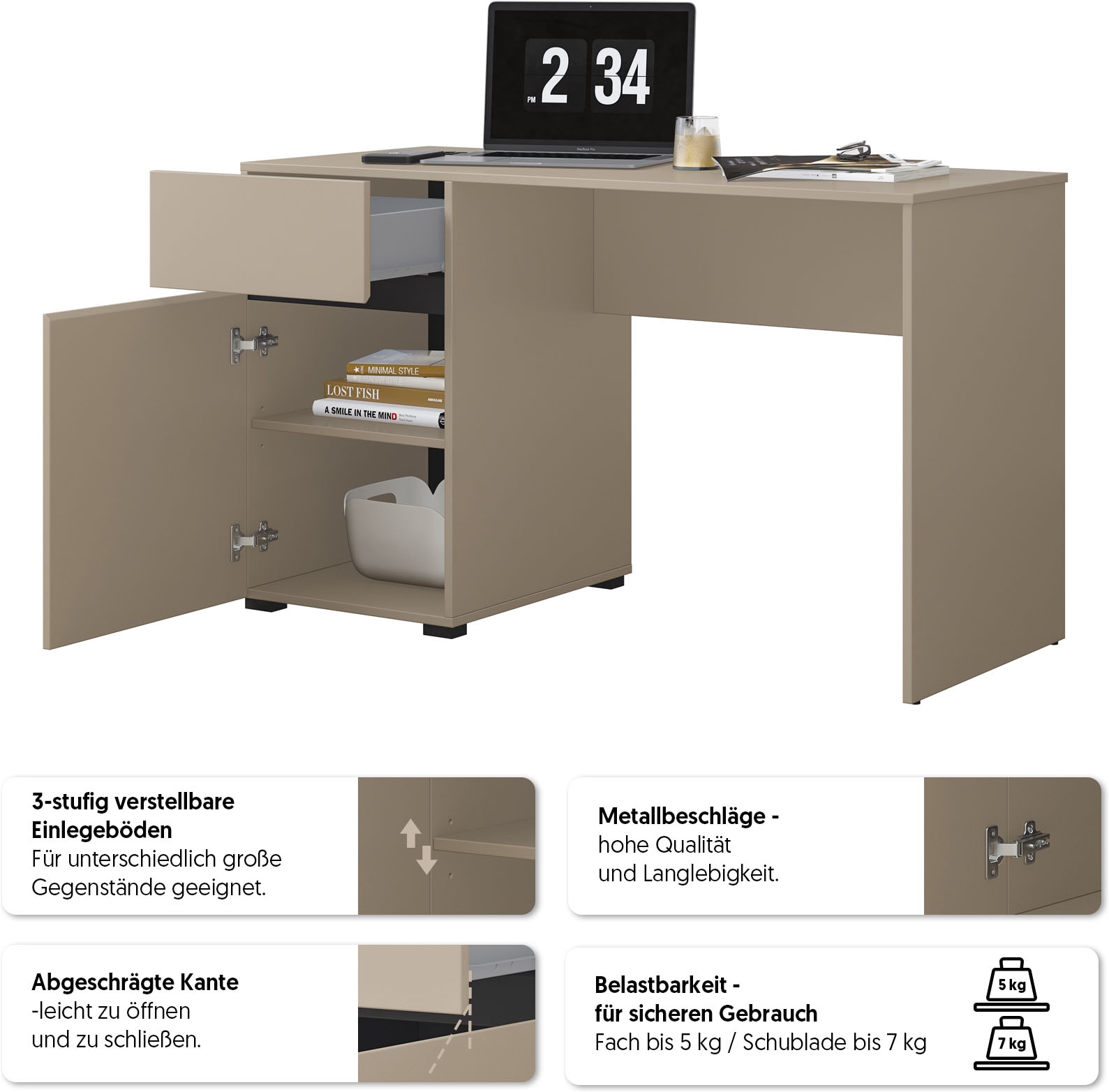 OTTO home Schreibtisch »Cross, Breite 130 cm, praktischer Computertisch« Bürotisch mit 1 Schublade und Tür, Tischplatte mit Kabeldurchführung