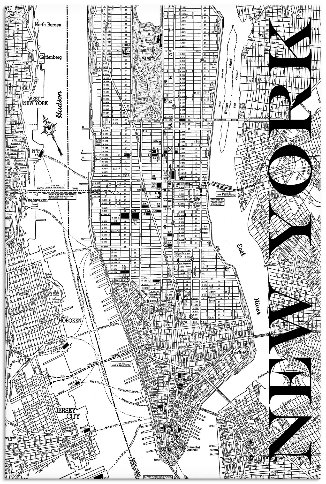 Artland Leinwandbild "New York Karte Straßen Karte", Amerika, (1 St.), auf Keilrahmen gespannt