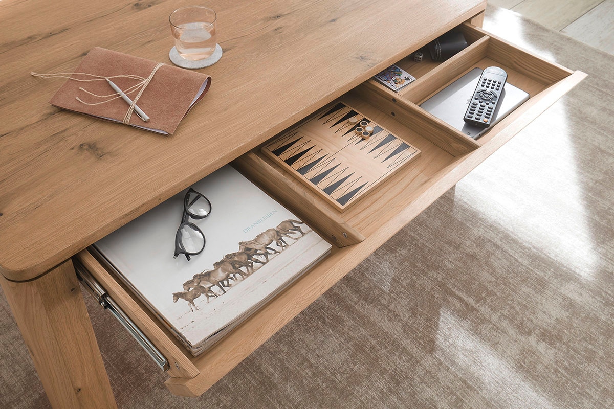 MCA furniture Couchtisch »ZWOLLE mit Stollen 80x80«, Eiche furniert, rechteckig,Schubkasten mit Einteilung, belastbar 30 kg