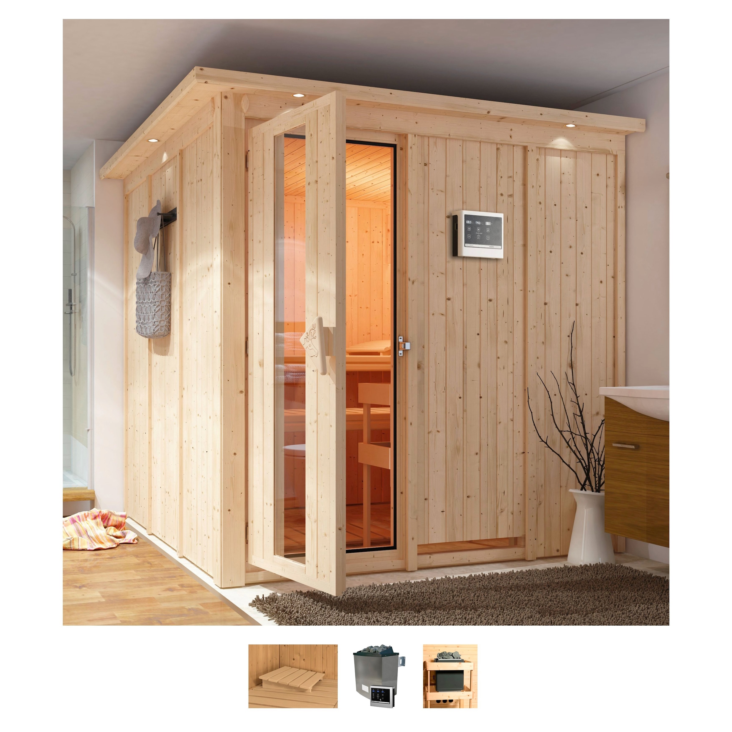 Karibu Sauna "Rodin", 9-kW-Ofen mit externer Steuerung