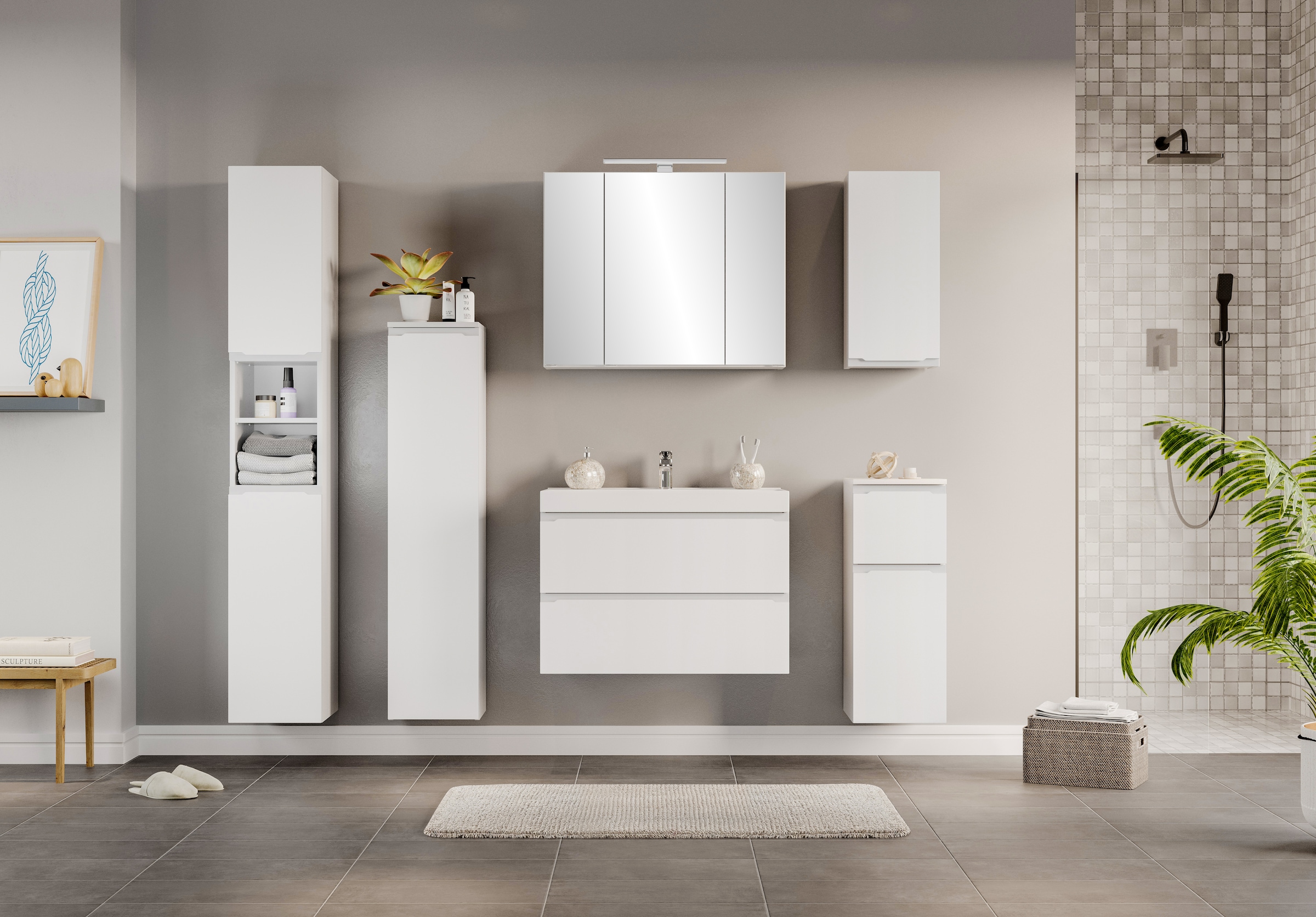 welltime Unterschrank »CABO, gedämpfte Scharniere, Softclose-Auszug« matt weiß, griffloses Design, reversibel