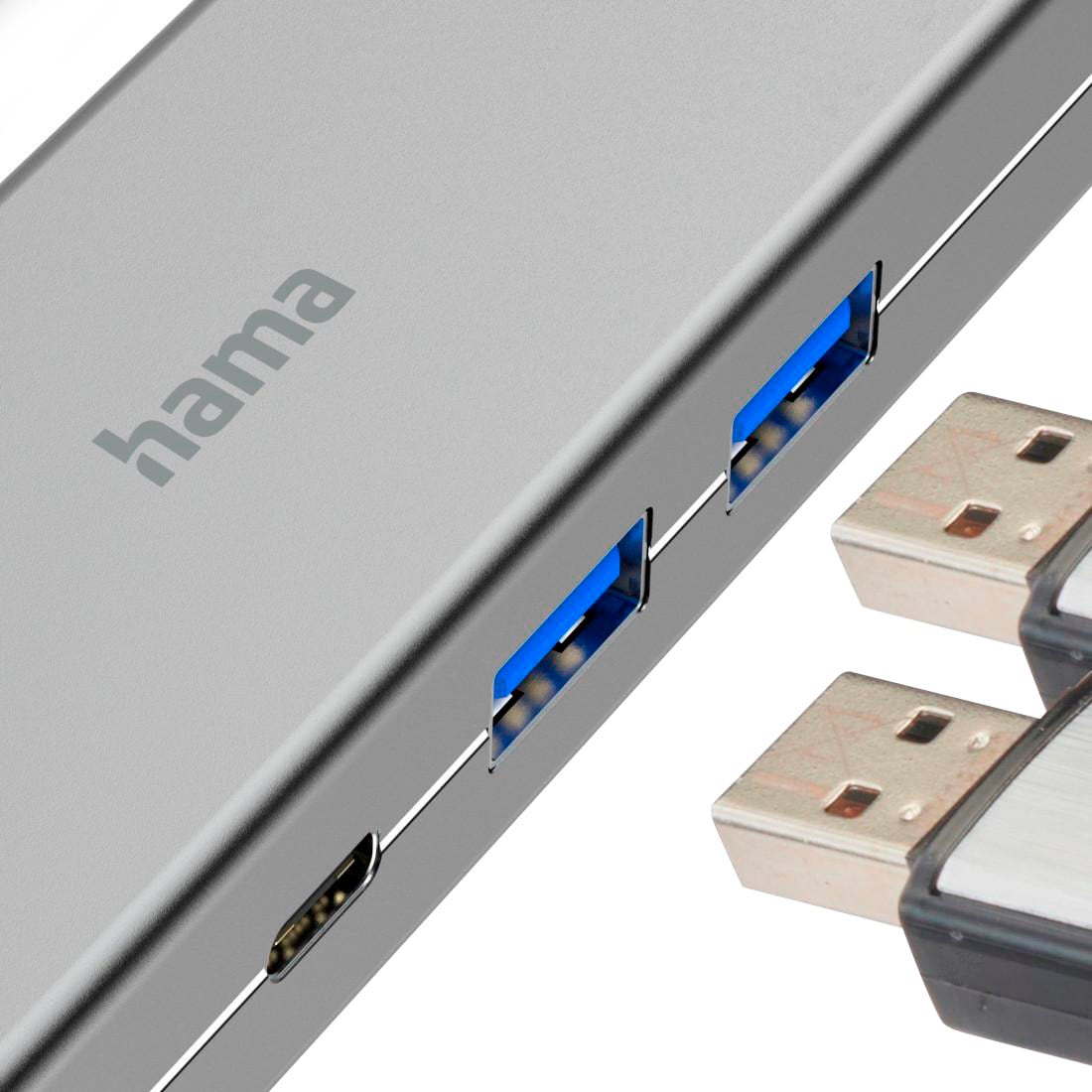 Hama USB-Adapter »USB-C Multiport Hub für Laptop mit 4 Ports, USB-A, USB-C, HDMI« USB-C zu HDMI | USB Typ A | USB-C 15 cm Laptop Dockingstation, kompakt, robustes Gehäuse, silberfarben