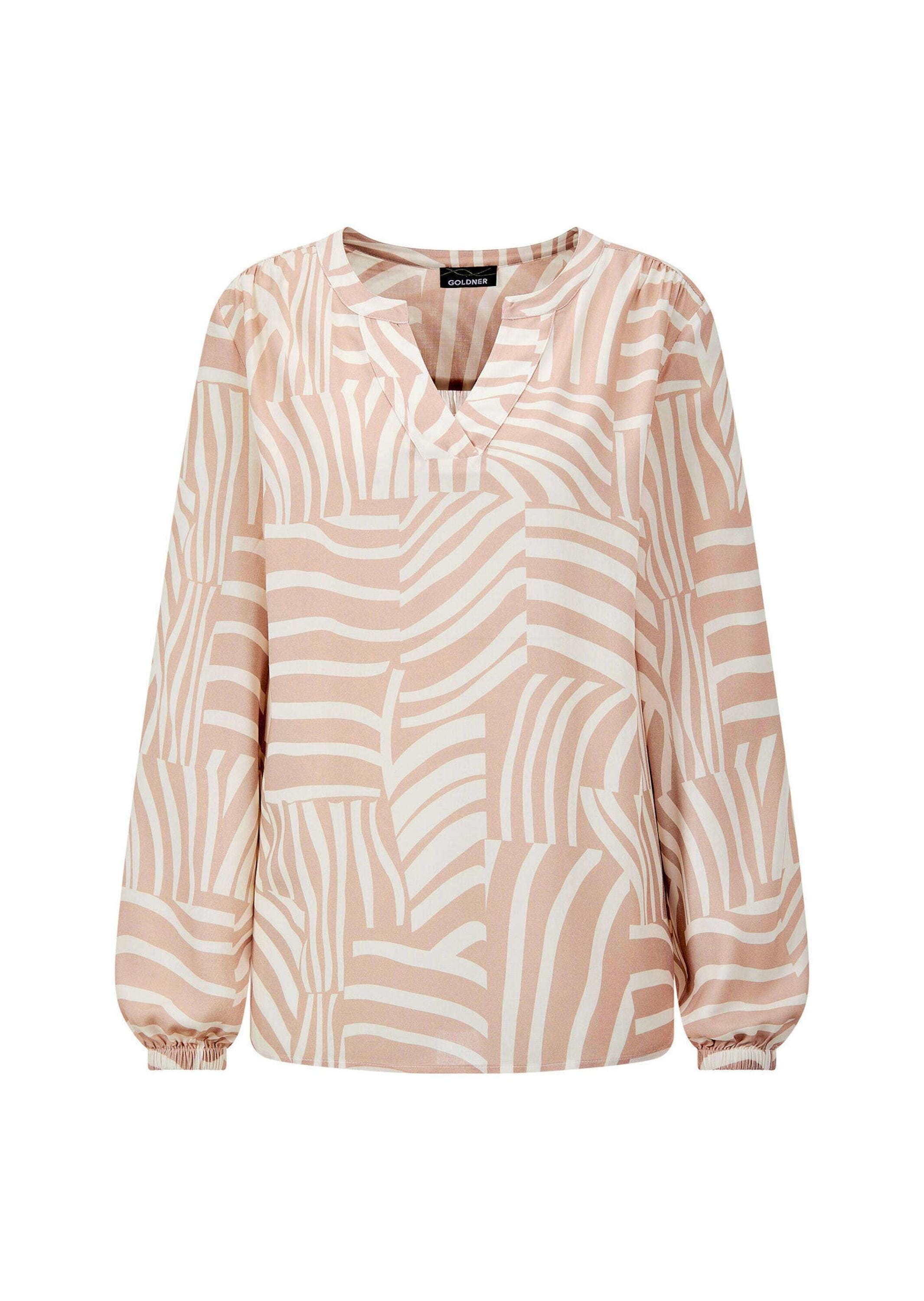 Schlupfbluse GOLDNER "Kurzgröße Grafische Viskosebluse mit Schlitz", Damen, Gr. 25, beige (beige, gemustert), Obermaterial: 100% Viskose CV., figurumspielend, Blusen Schlupfbluse, Gummibündchen am Armabschluss