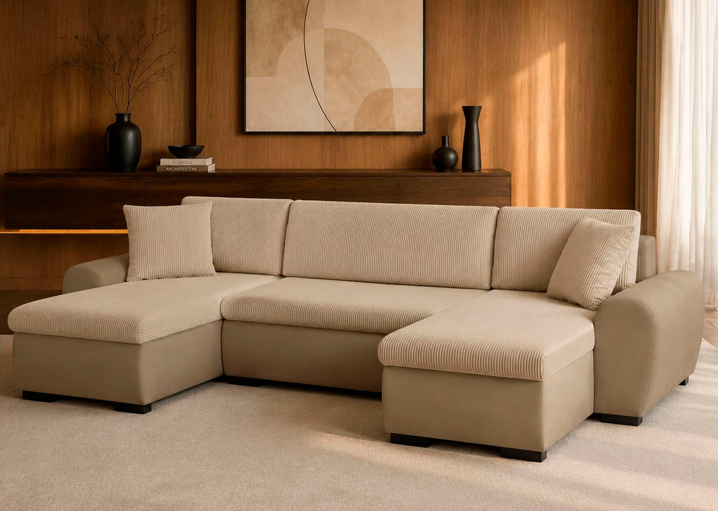 OTTO home Wohnlandschaft "KIVELLA Cord-Struktur, U-Form, 307 cm" Schlaffunktion(128/257), Bettkasten, Cord-Struktur-Mix