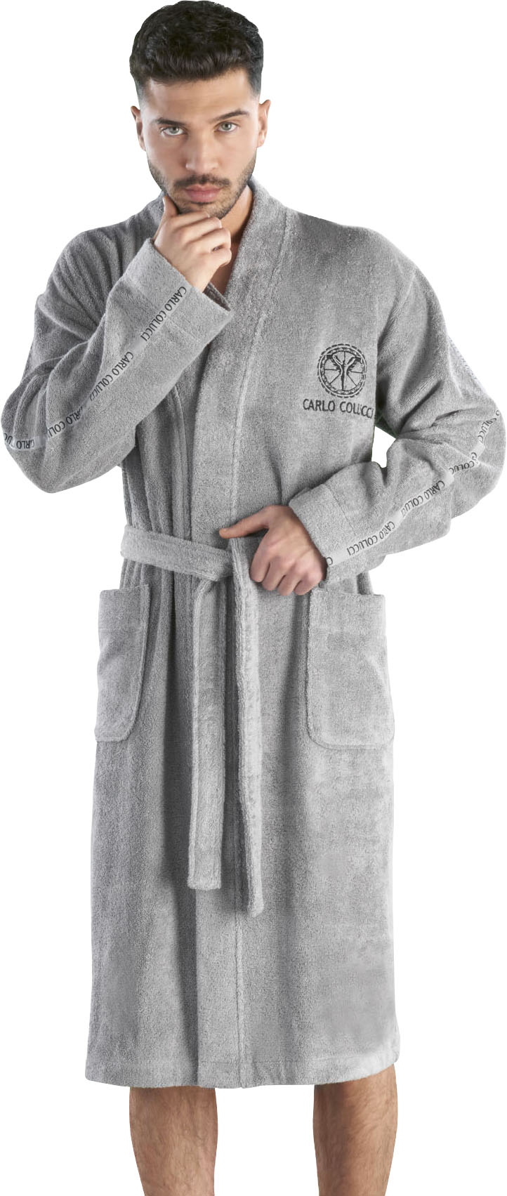 Herrenbademantel CARLO COLUCCI, L:120cm, silber, Baumwolle, Hausmäntel, "Vito, ideal für Sauna & Spa, Hotelbademantel, Morgenmantel", Carlo Colucci