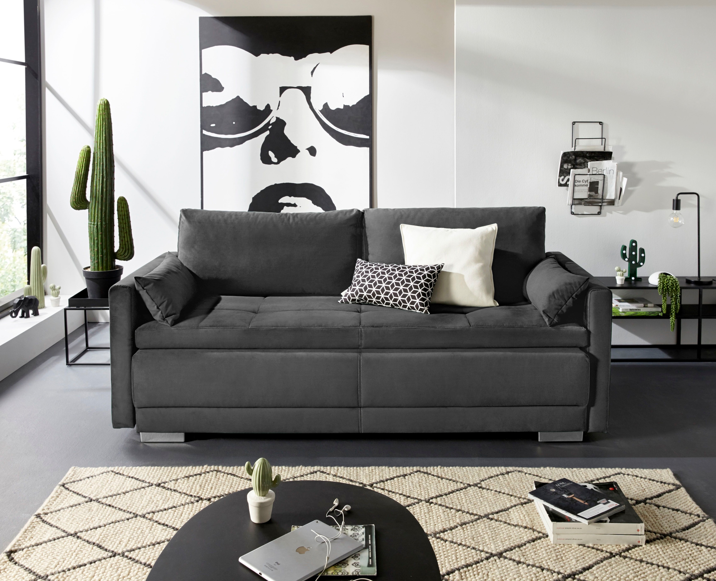 OTTO home 1100000002199 "Berlin, B: 218 cm, Liegel. 160x198 cm, Boxspring" Dauerschlafsofa mit Boxspring inklusive 2 Zierkissen & Bettkasten