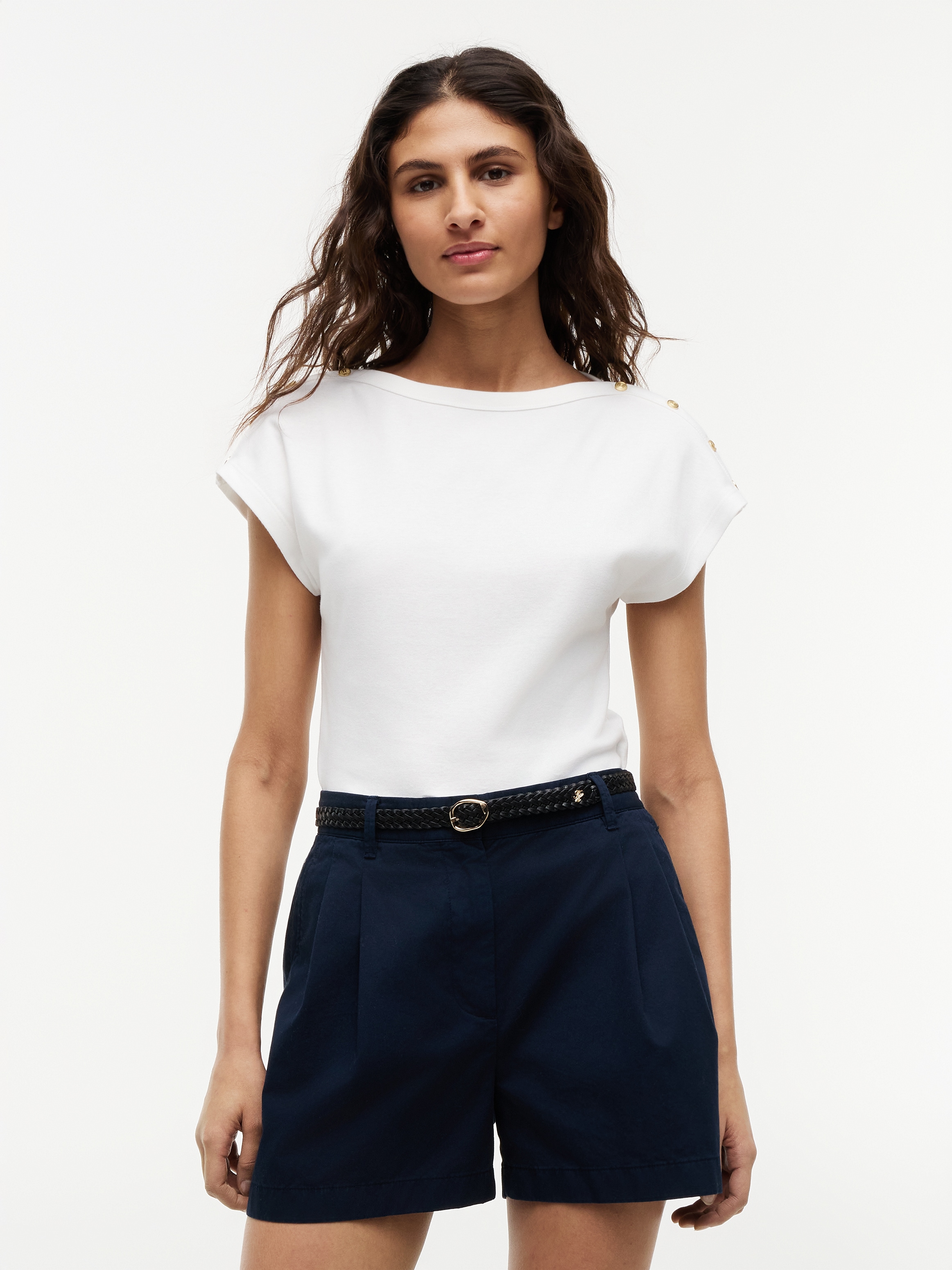 Tommy Hilfiger Kurzarmshirt "GOLD BTN CAP-SLV BOAT-NK TEE" Baumwolle, mit goldfarbenen Knöpfen