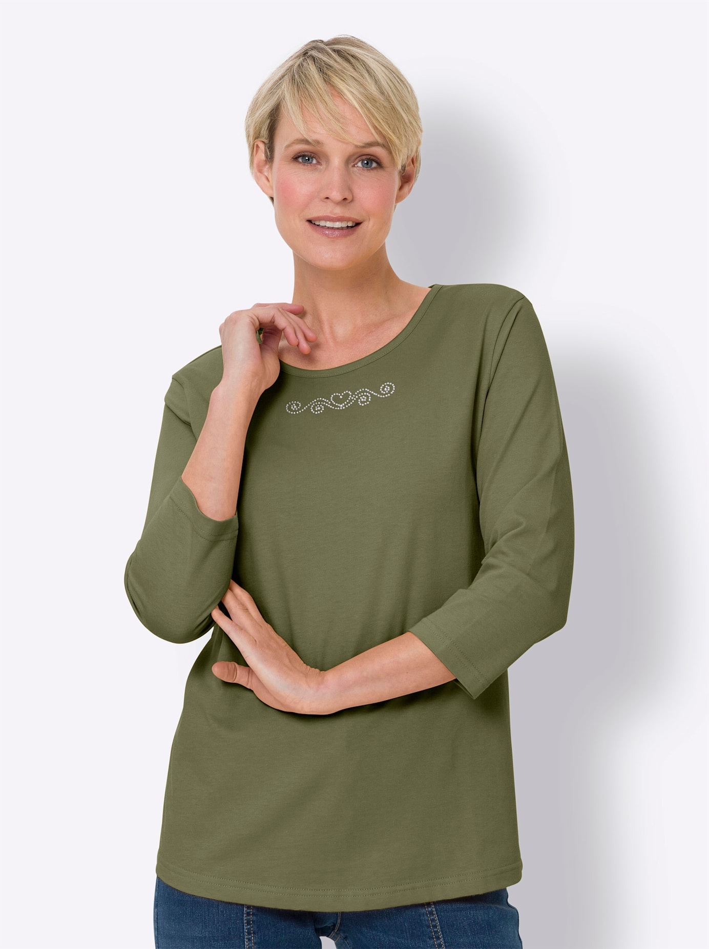 3/4-Arm-Shirt CLASSIC BASICS "3/4-Arm-Shirt", Damen, Gr. 48, grün (oliv), 100% Baumwolle, unifarben, Rundhals, Shirts 3/4-Arm-Shirt