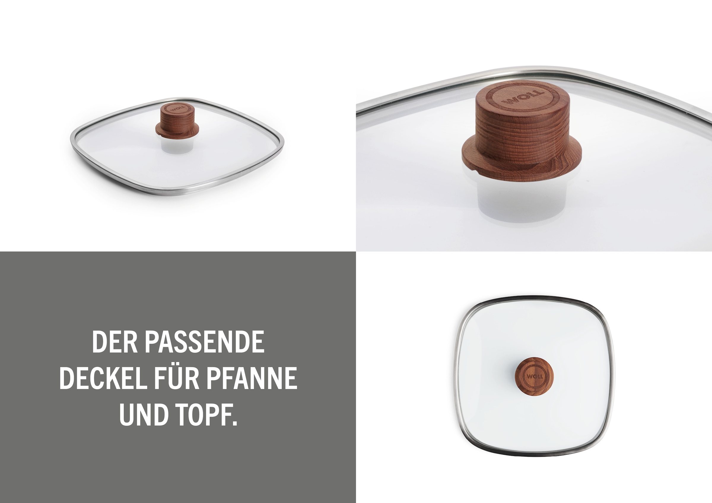 WOLL Universaldeckel »WOLL Eco Logic Sicherheitsglasdeckel mit Holzknopf, viereckig« Hitzebeständig, Spülmaschinengeeignet, für Pfannen und Töpfe