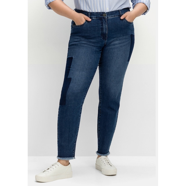 Sheego Stretch-Jeans »Große Größen«, mit Patch-Optik und Fransensaum für  bestellen | BAUR