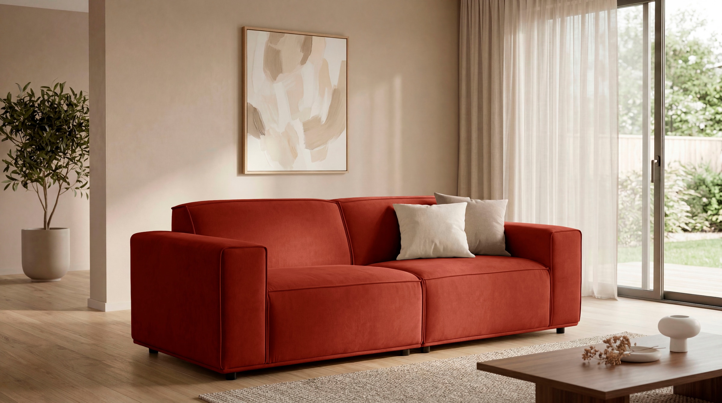 OTTO home 3-Sitzer »Avelin, 228 cm, Chenille, Struktur-Boucle« mit Wellenunterfederung, Kedernaht, bodentief, Skandi-Design