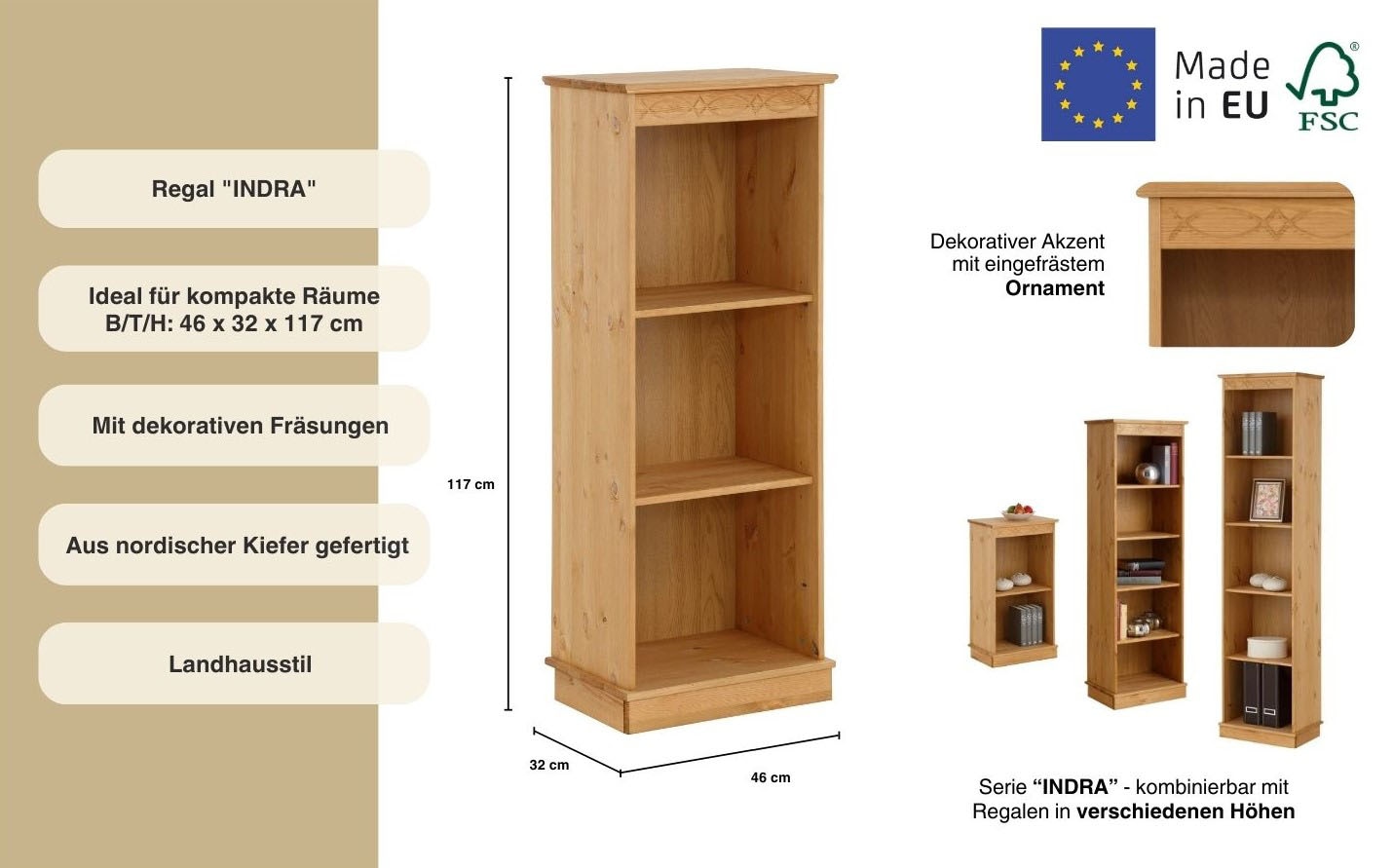 Home affaire Bücherregal »Indra«, aus massiver Kiefer, in verscheidenen Höhen, mit FSC®®