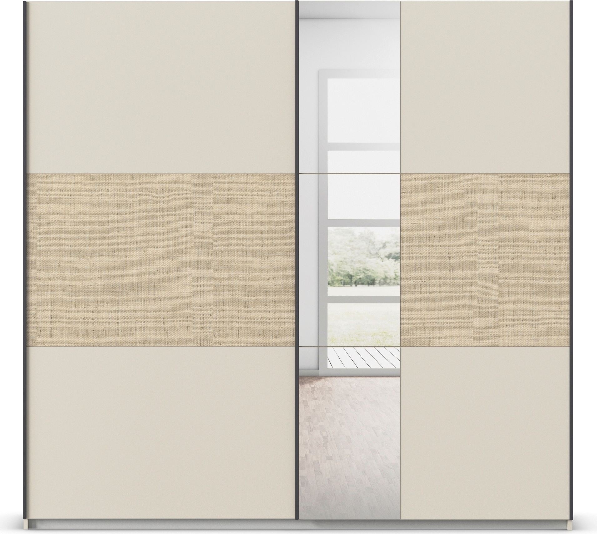 rauch Schwebetürenschrank »Senja«, mit Spiegel und Bauchbinde in angesagter Rattan-Optik