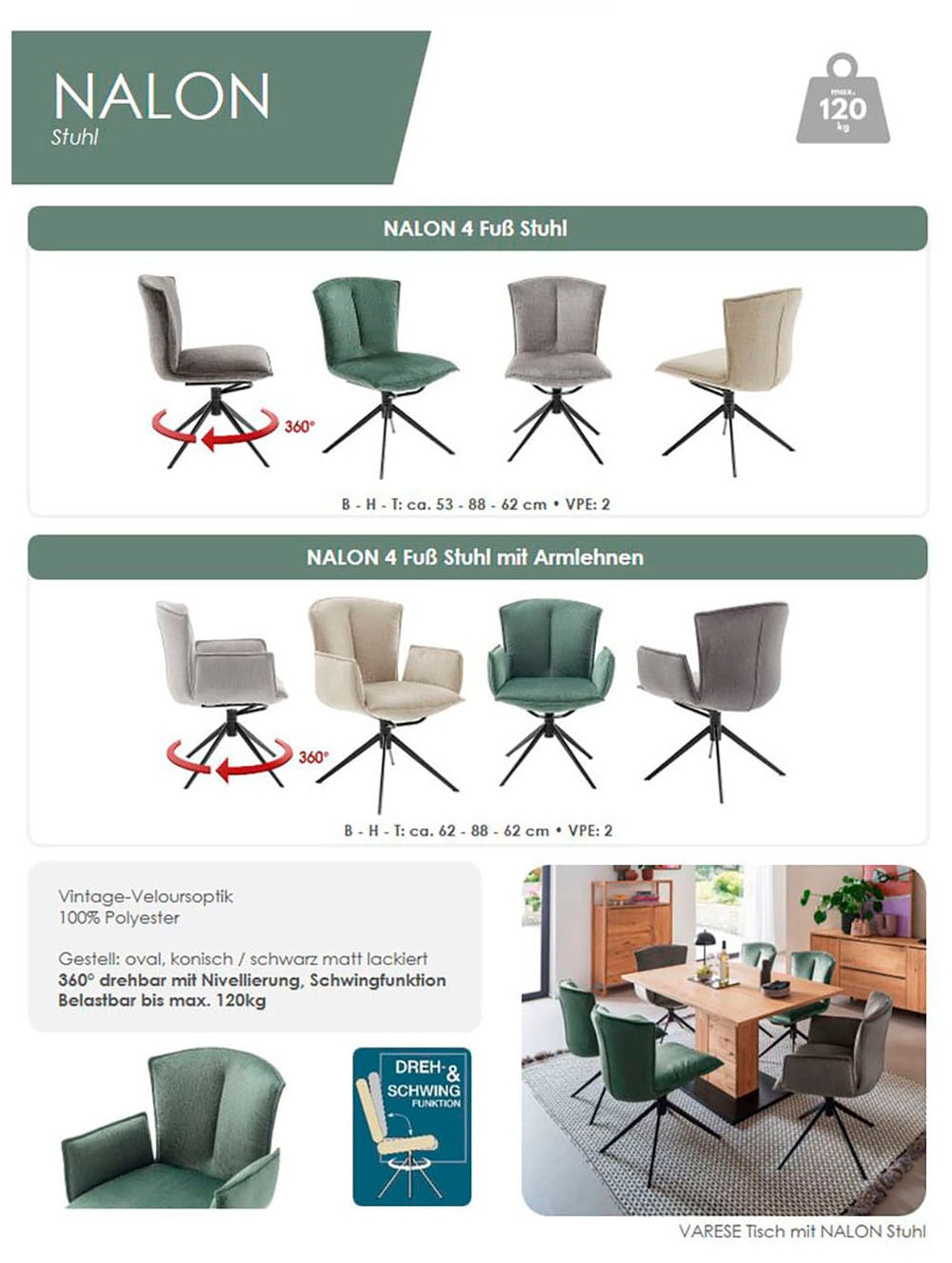 MCA furniture 4-Fußstuhl »NALON Esszimmerstuhl (2er Set) - Stuhl«, (Set), 2 St., Veloursstoff, 360° drehbar, Schwingfunktion, Metall, Veloursoptik, belastbar 120 kg