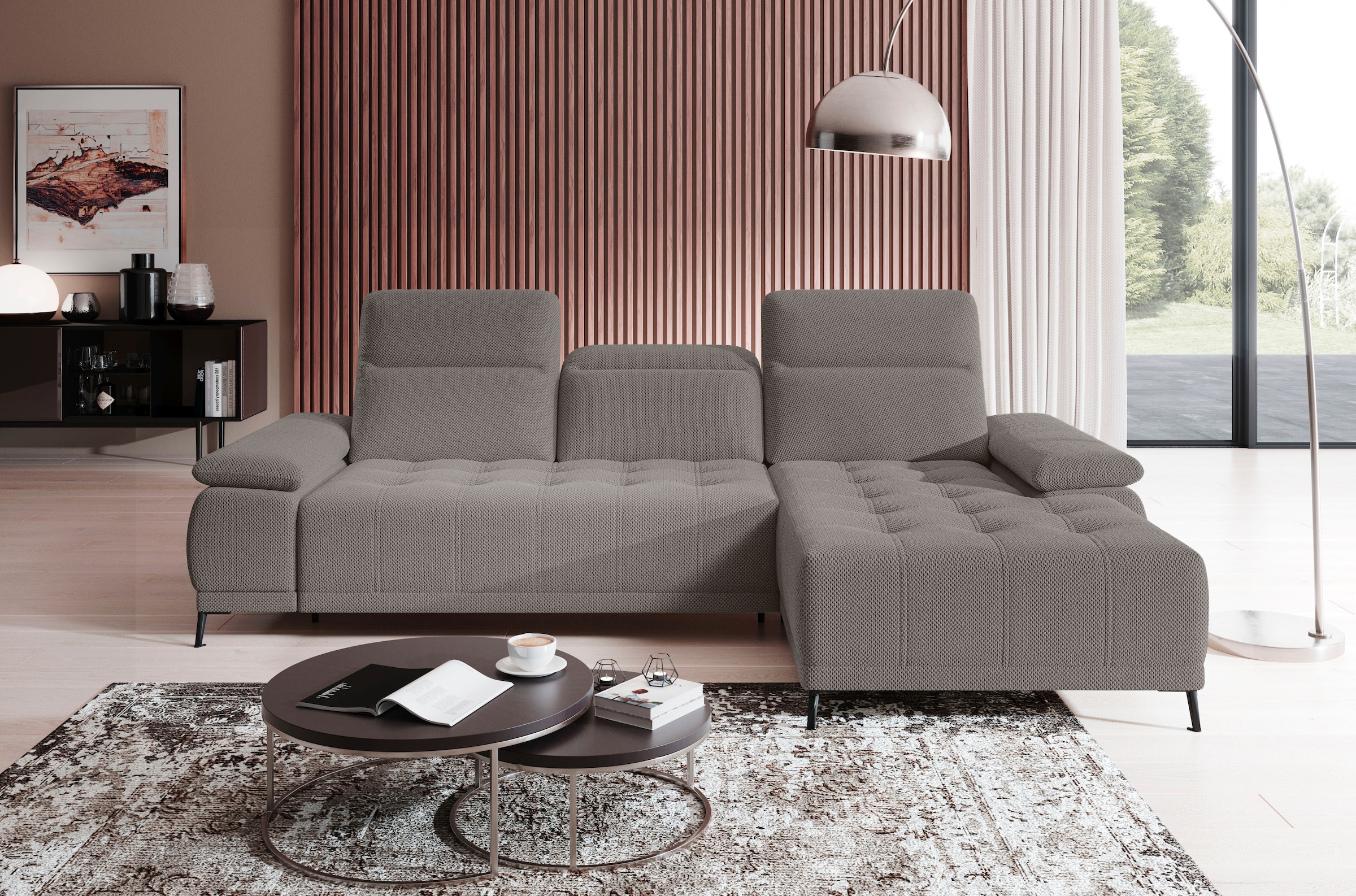 WERK2 Ecksofa "Focus-S 277 x 177 cm modern und bequem" Webstoff, L-Form, XXL, elektrische Sitztiefenverstellung