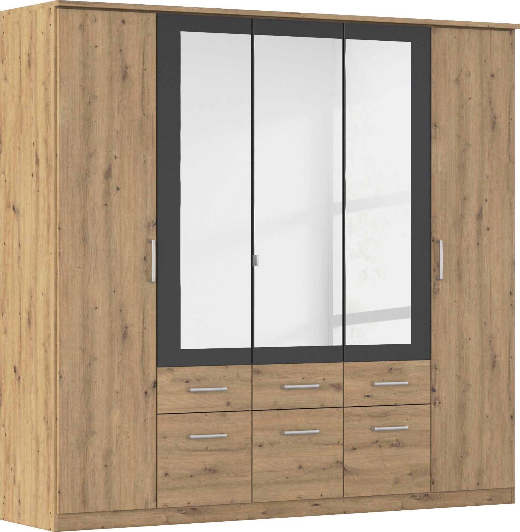 rauch "Drehtürenschrank Schrank Garderobe BURANO" mit Schubladen und Spiegelumrandung in Farbabsetzung MADE IN GERMANY