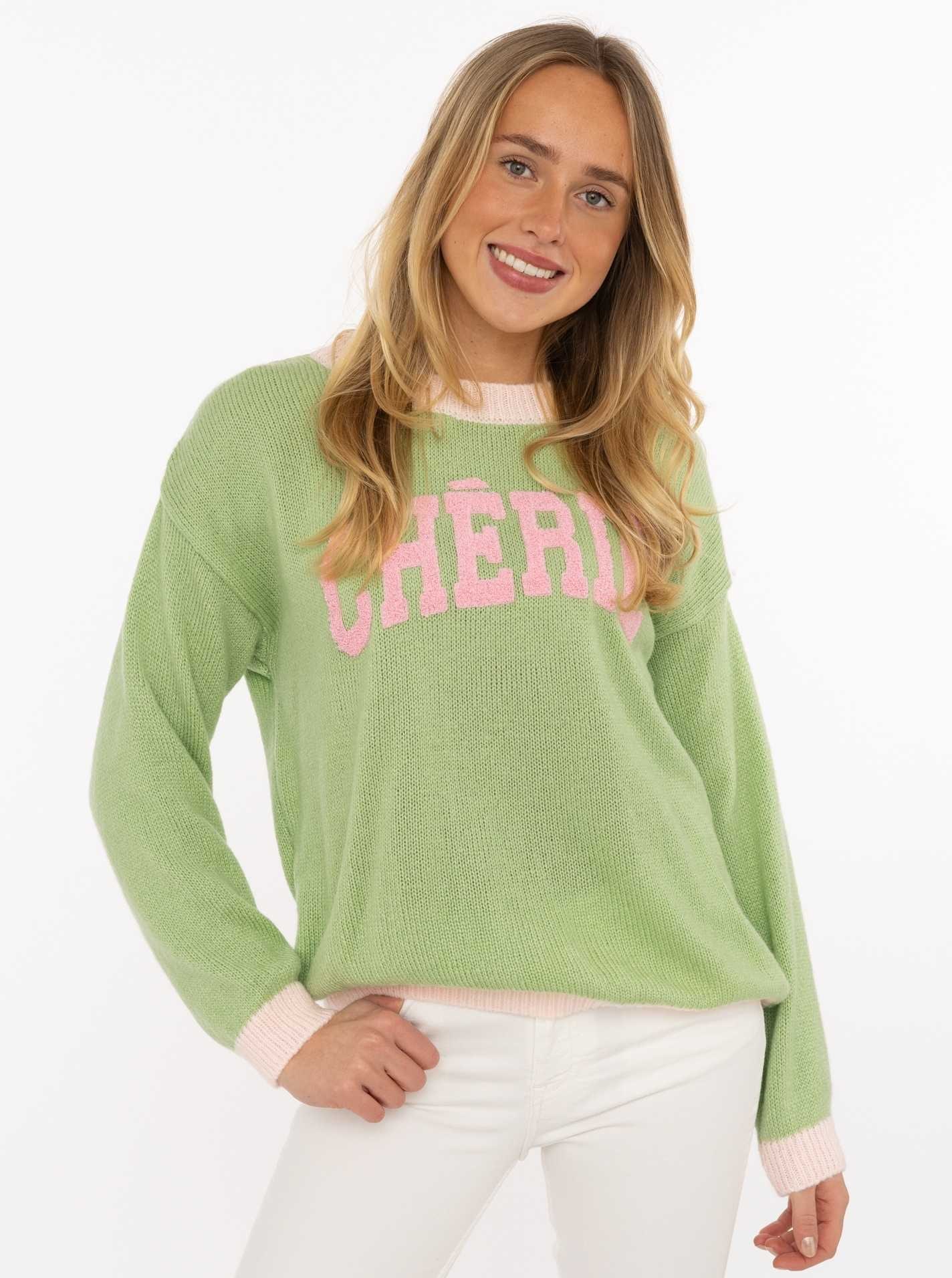 Zwillingsherz Strickpullover ""Cherie"" Rundhals, farbig abgesetzte Kanten, Schriftzug, One Size
