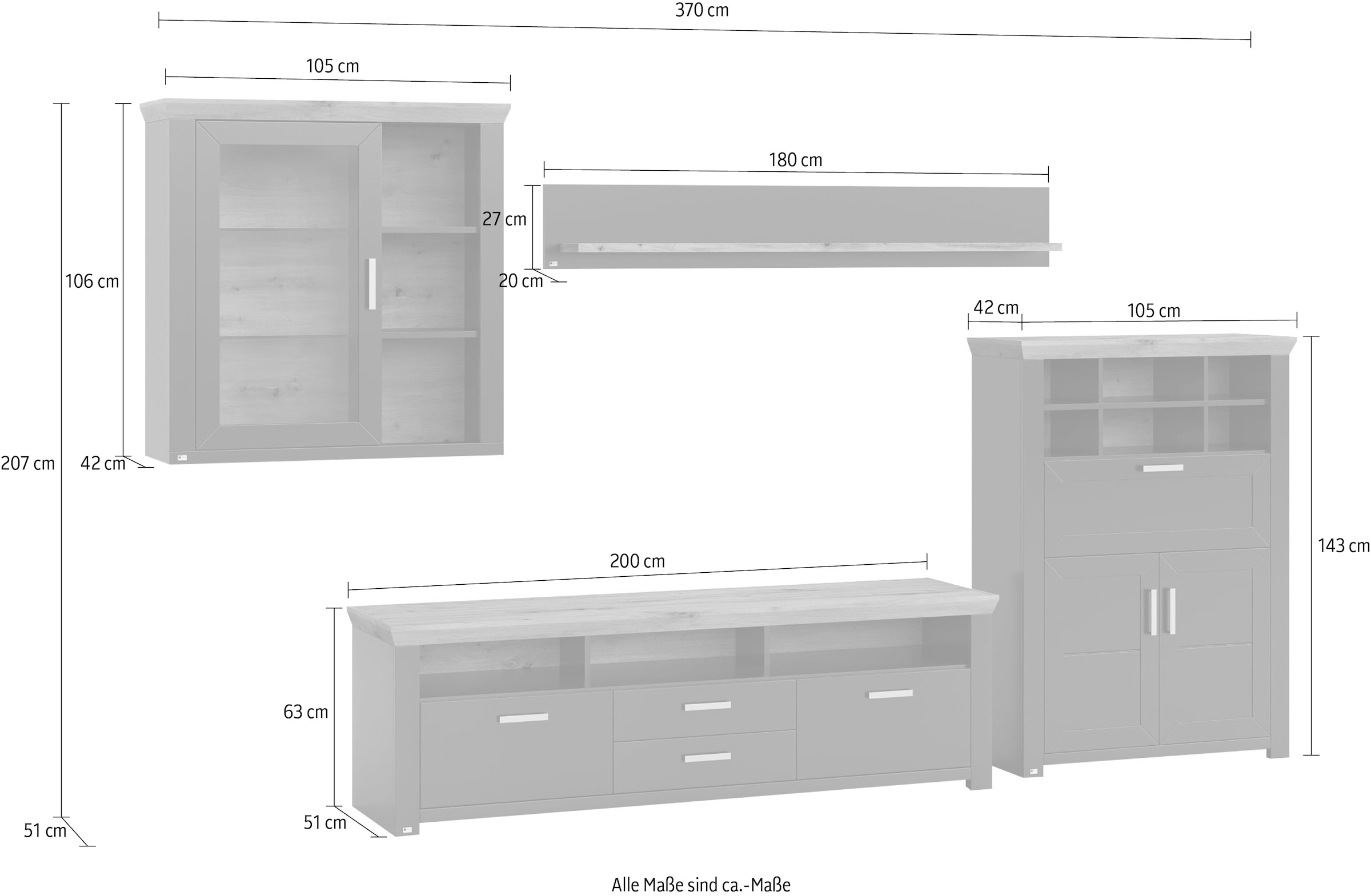 set one by Musterring Wohnwand »York« 4 Stk. tlg. Kombination 11, in 3 Farbvarianten, Gesamtbreite 374 cm
