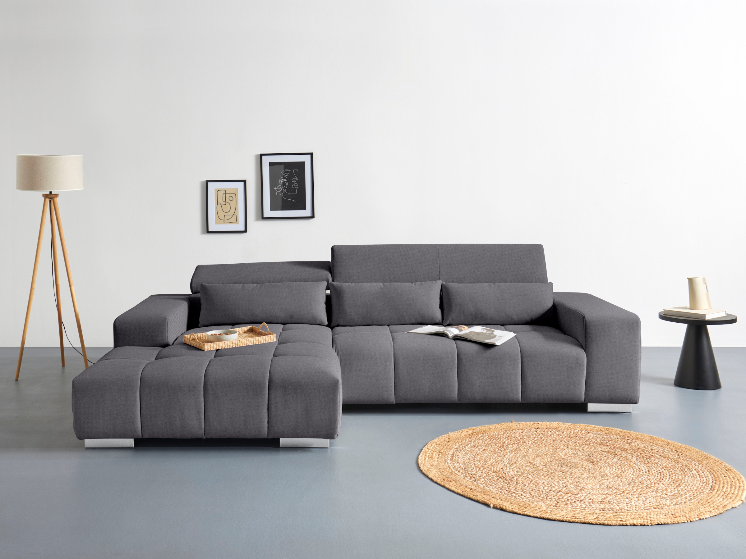 COTTA Ecksofa "Orion L-Form, B: 307 cm, moderne Steppung, bequeme Wellenunterfederung" 2x Kopfteilverstellung & 3 Nierenkissen