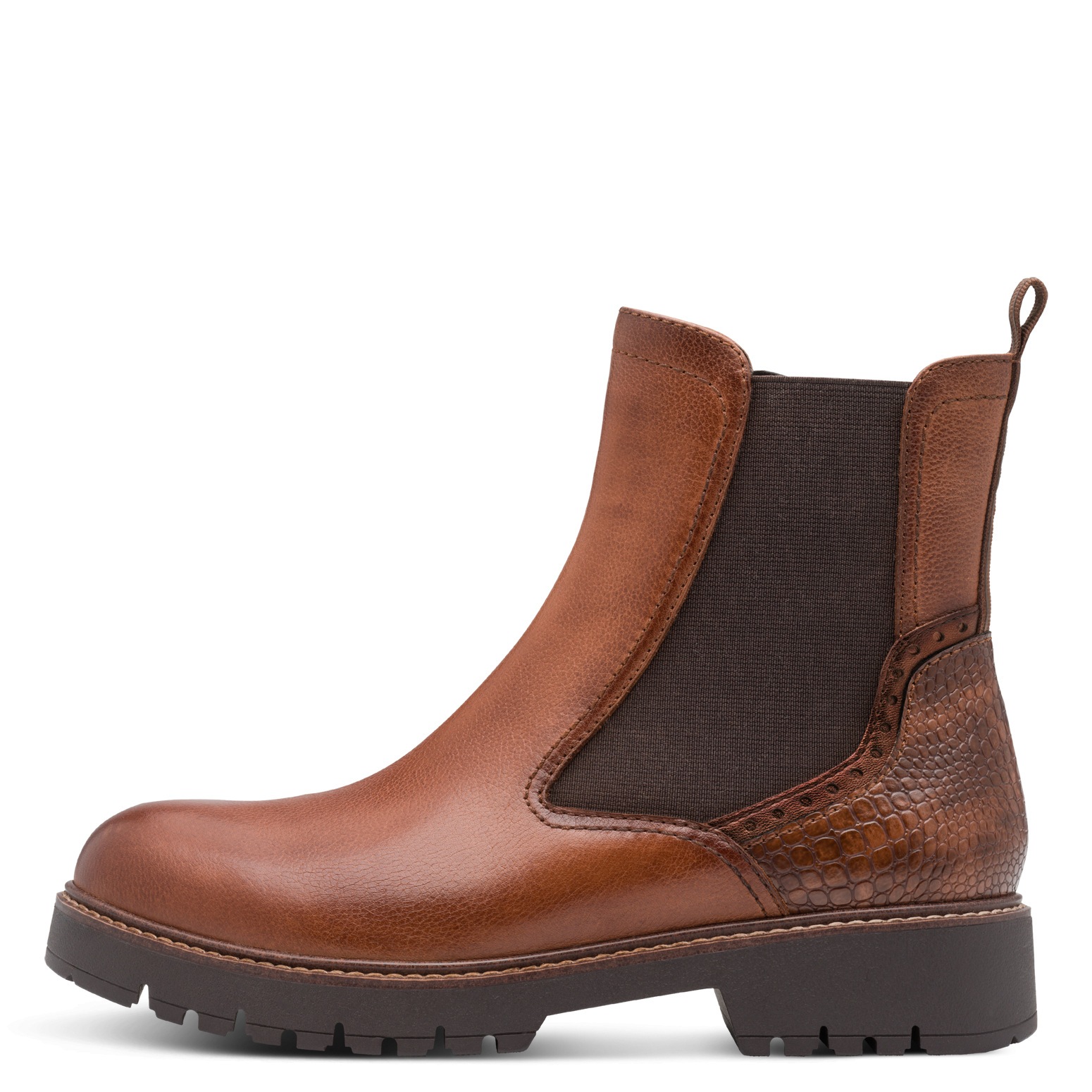 Tamaris Chelseaboots, Blockabsatz, Stiefelette mit Reptilienprägung an der Ferse