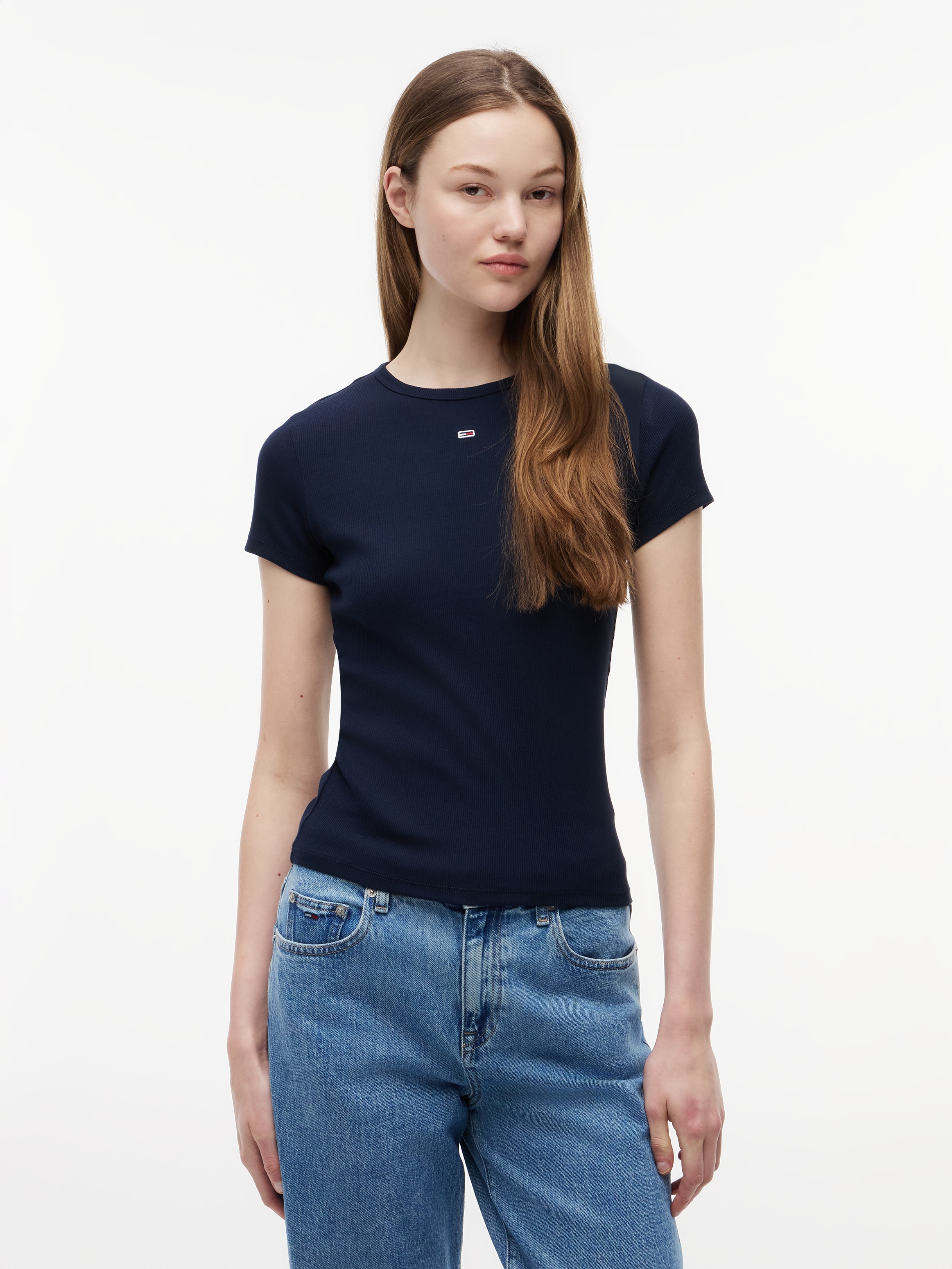 Tommy Jeans "TJW ESSENTIAL RIB SHORT SLEEVE EXT" Baumwollmischung in gerippter Struktur, Slim Fit