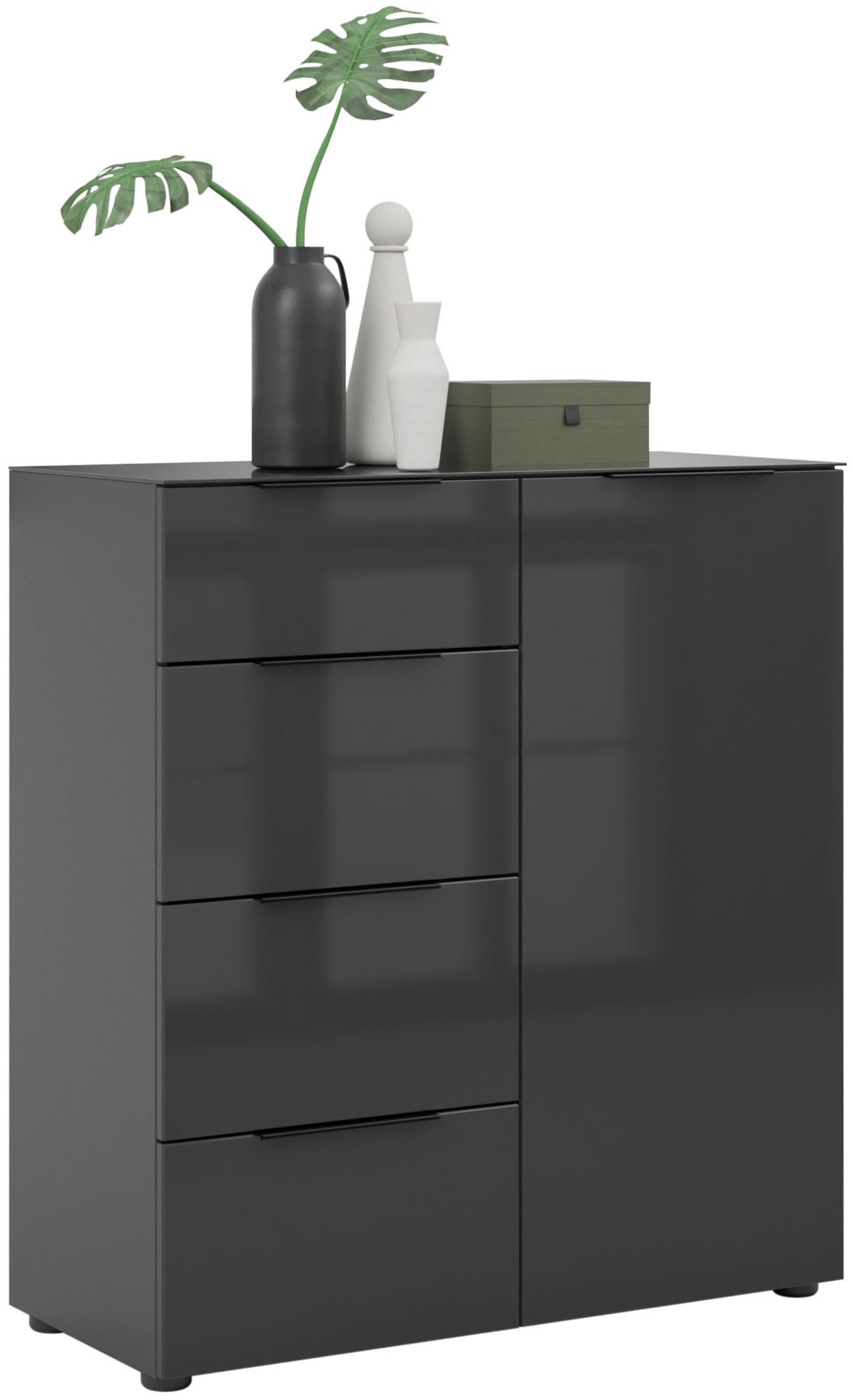 Manjana Möbel Kommode »mit Chrom oder Schwarz matten Metallgriffen & Glasfront, Soft-Close« melaminbeschichteter Korpus, mit Vollauszug, Made in Germany