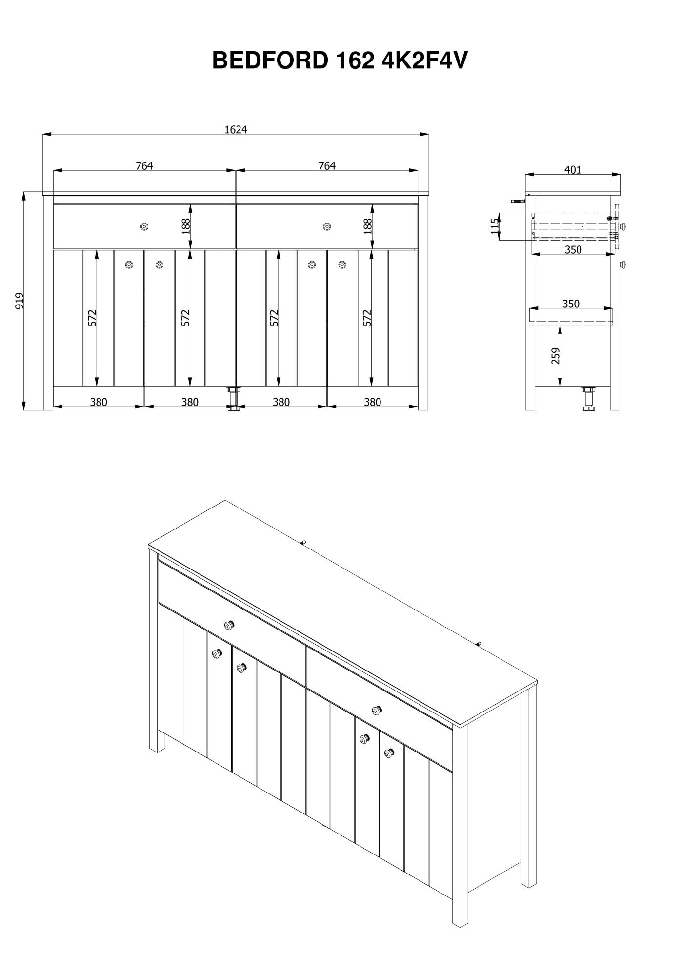 Home affaire Sideboard »BEDFORD Kommode, Kombikommode, Anrichte, Schrank« MDF-Profil 2D ummantelt, Hotstamping