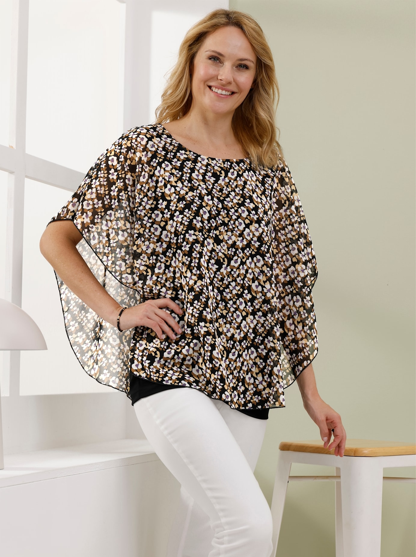 Schlupfbluse CLASSIC BASICS, Damen, Gr. 46, schwarz, braun, bedruckt, 100% Polyester, Futter:100% Polyester, geblümt, gemustert, mehrfarbig, Rundhals, Blusen Schlupfbluse