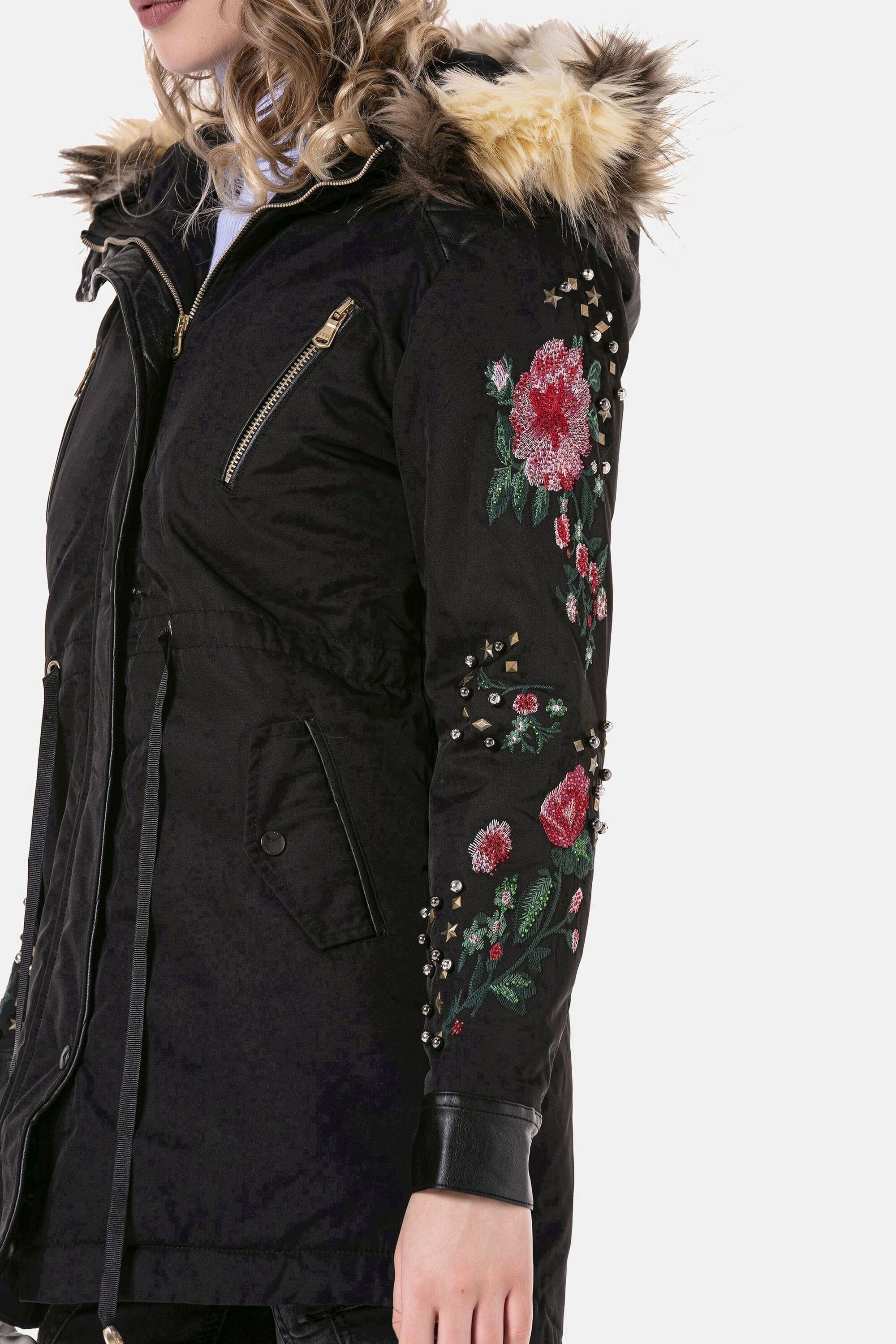 Parka CIPO & BAXX "Jacken", Damen, Gr. S, schwarz, Stoff, 50% Polyurethan, 50% Viskose, unifarben, regular fit normal, Jacken Parka, mit Kunstleder und Nieten, WJ-136 3