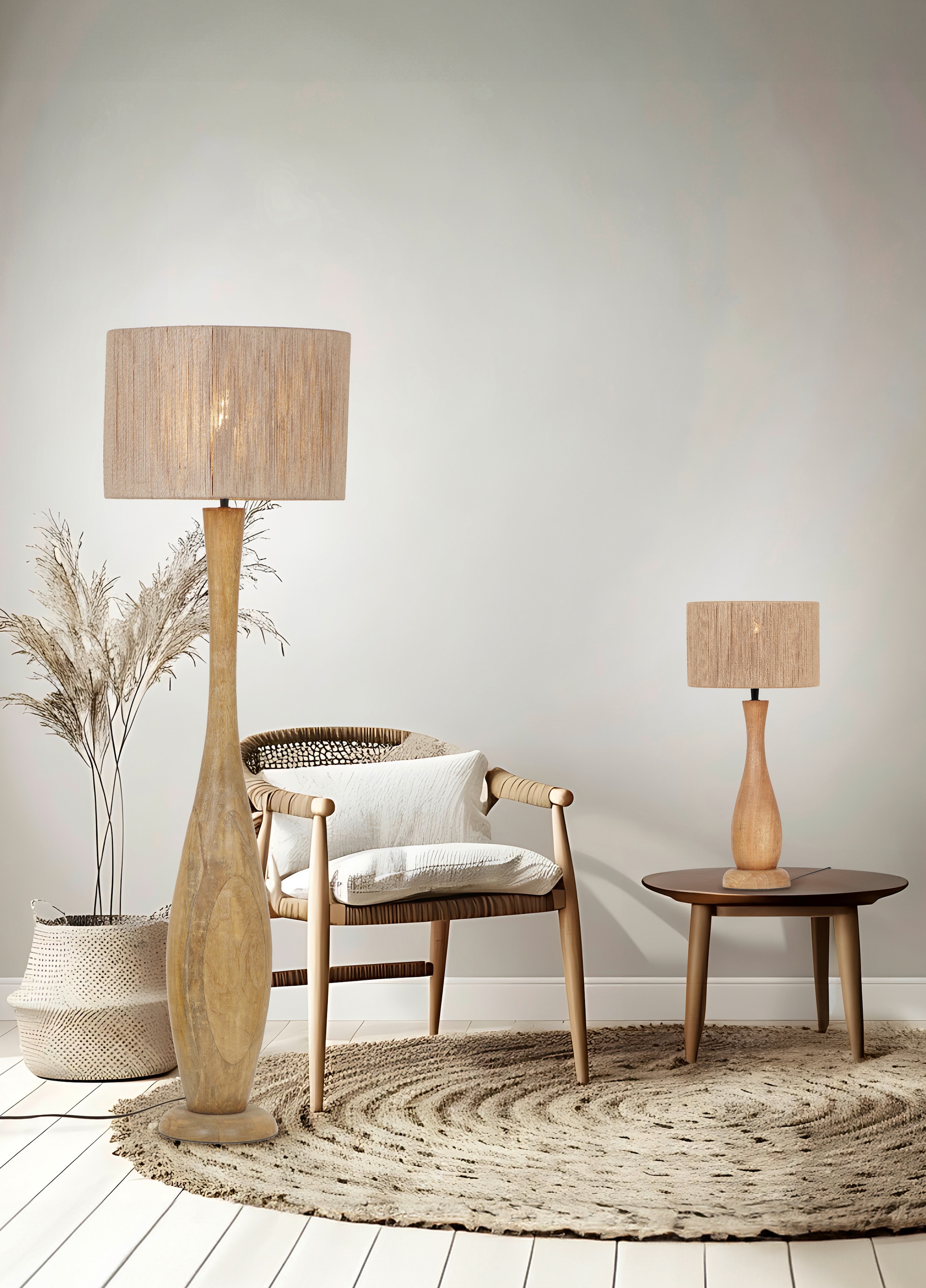 TRIO Leuchten Tischleuchte »TOBA, Massivholz Tischleuchte naturbelassen, mit Jute Lampenschirm« E27 1 Stk. warmweiß - kaltweiß exkl 1x E27 max 10W, Höhe 54 cm Ø 24,5 cm, Schirm Fäden aus Jute Stoff
