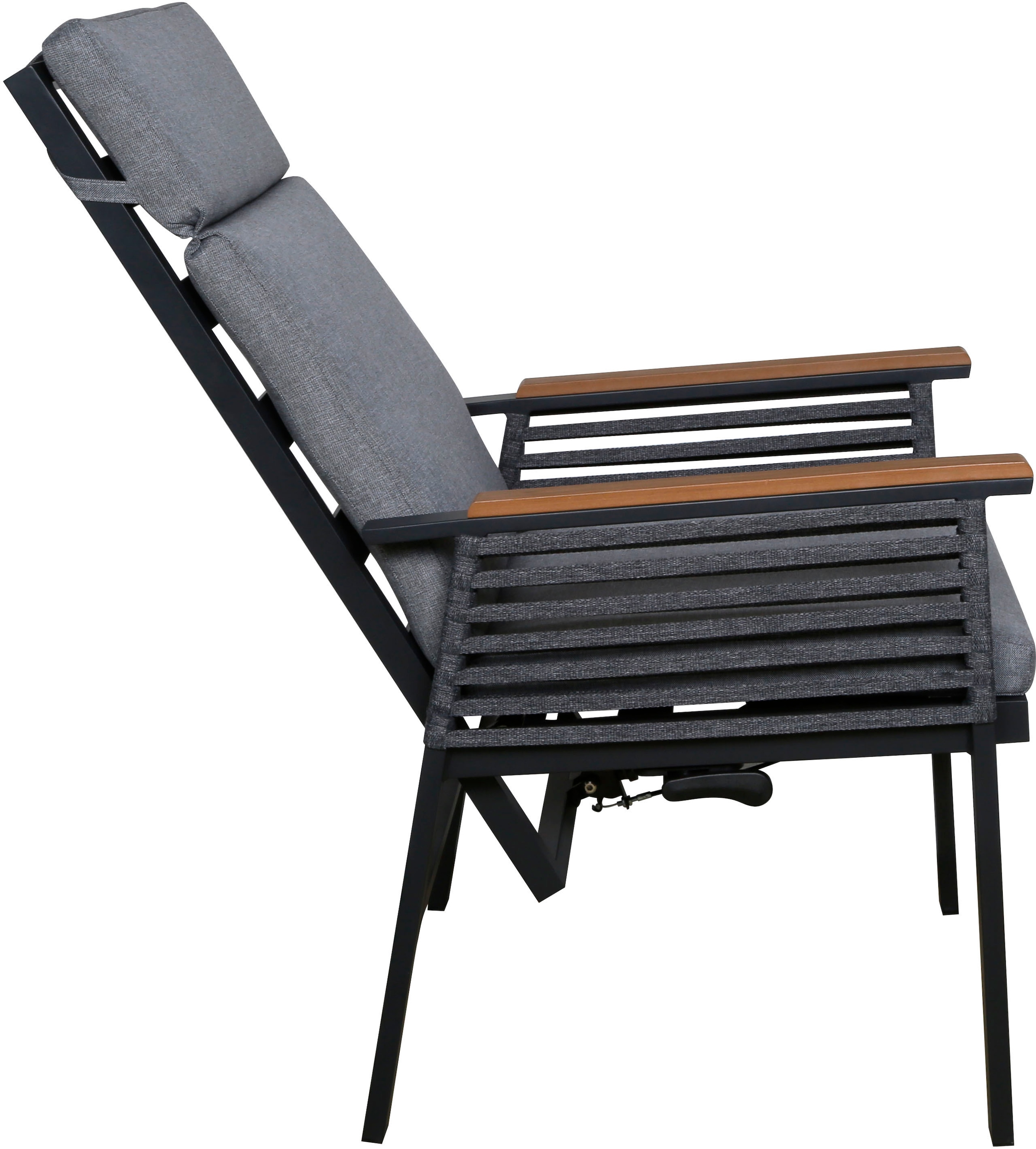 KONIFERA Garten-Essgruppe »Edessa Komfort«, (Set, 17 tlg., 8x Stuhl mit Rückenverstellung, 1x Tisch 220x97x74 cm, inkl. Auflagen), Tischplatte aus Alu-Lamellen,Armlehne mit Seilgeflecht&Noonwood-Latten