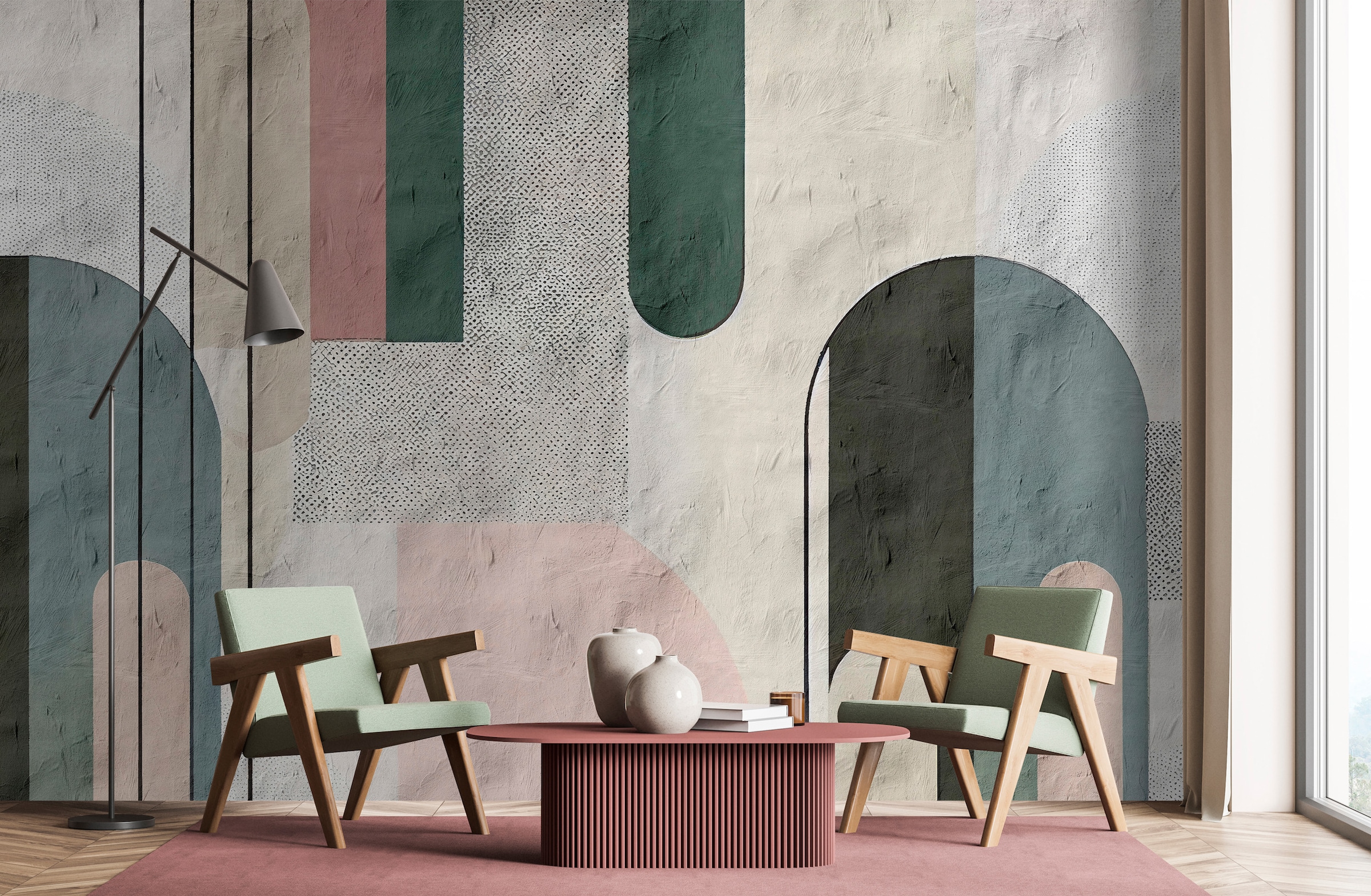 living walls "Geometrische Mustertapete Rosa Grün Beige Abstrakt" matt glatt