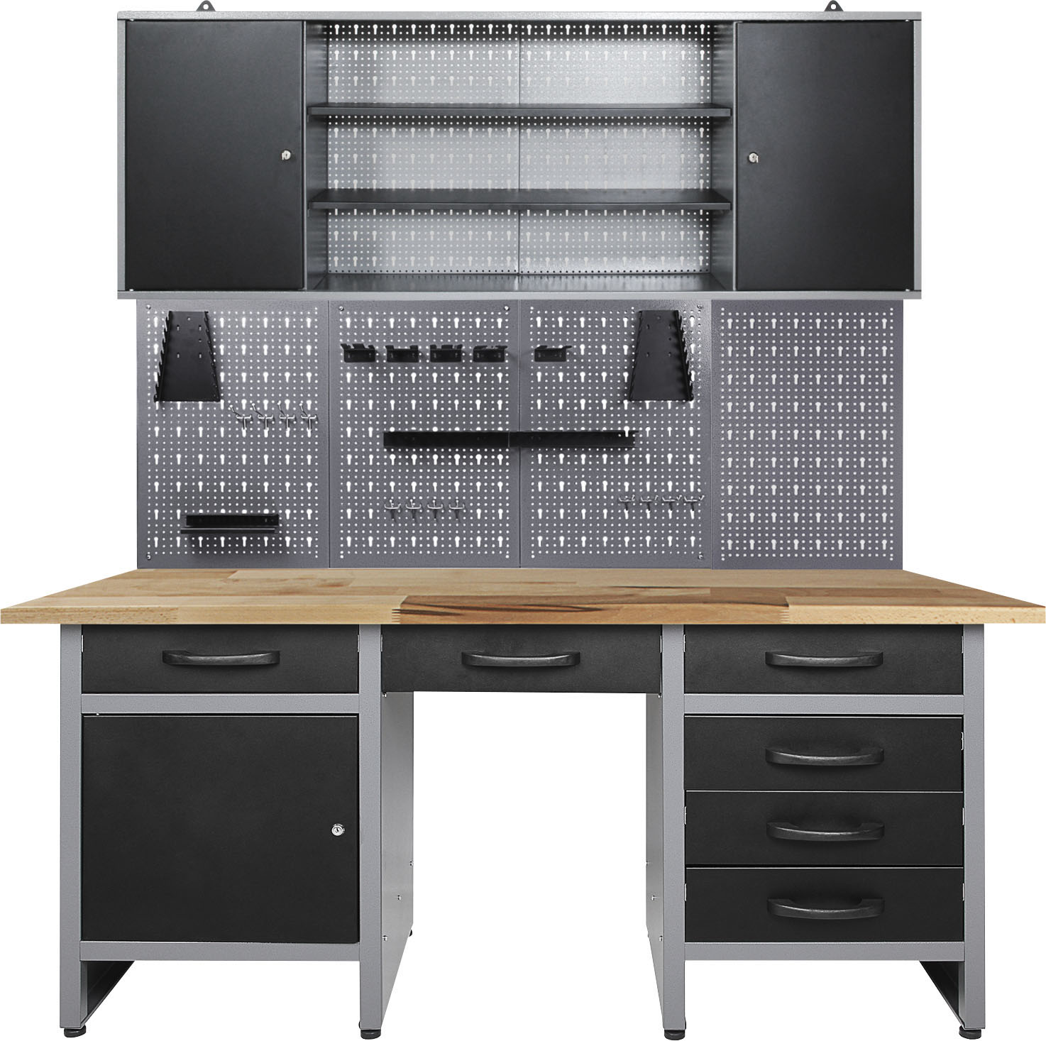 ONDIS24 Werkstatt-Set "Harry", B:160cm H:205cm T:60cm, schwarz, Werkbänke, höhenverstellbar, inkl. 22-tlg. Hakenset