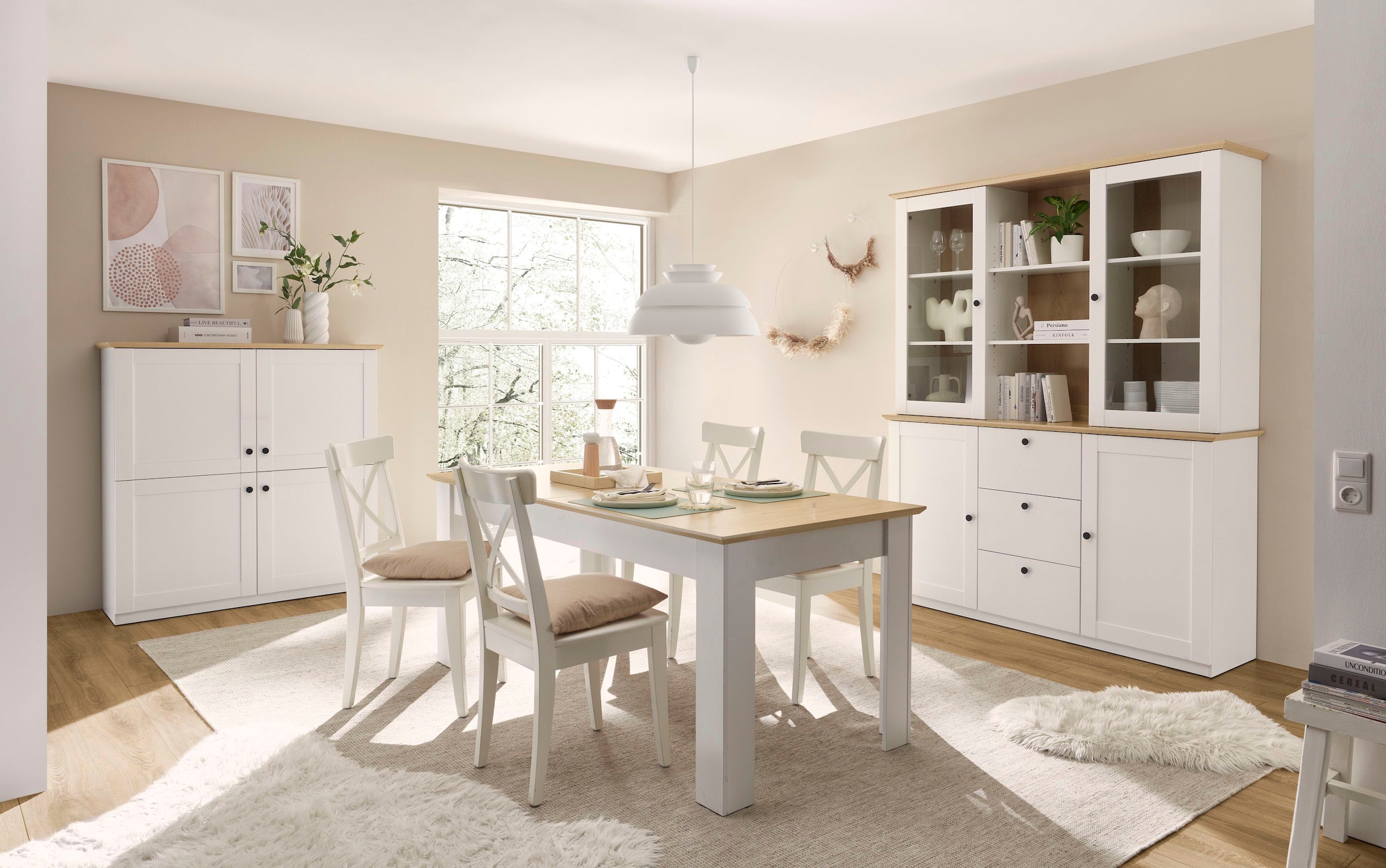 OTTO home Buffet »Brest, Hochschrank im Landhausstil, Schrank, Küchenschrank« schwarze Metallgriffe, viel Stauraum, Glastüren, 164 cm breit