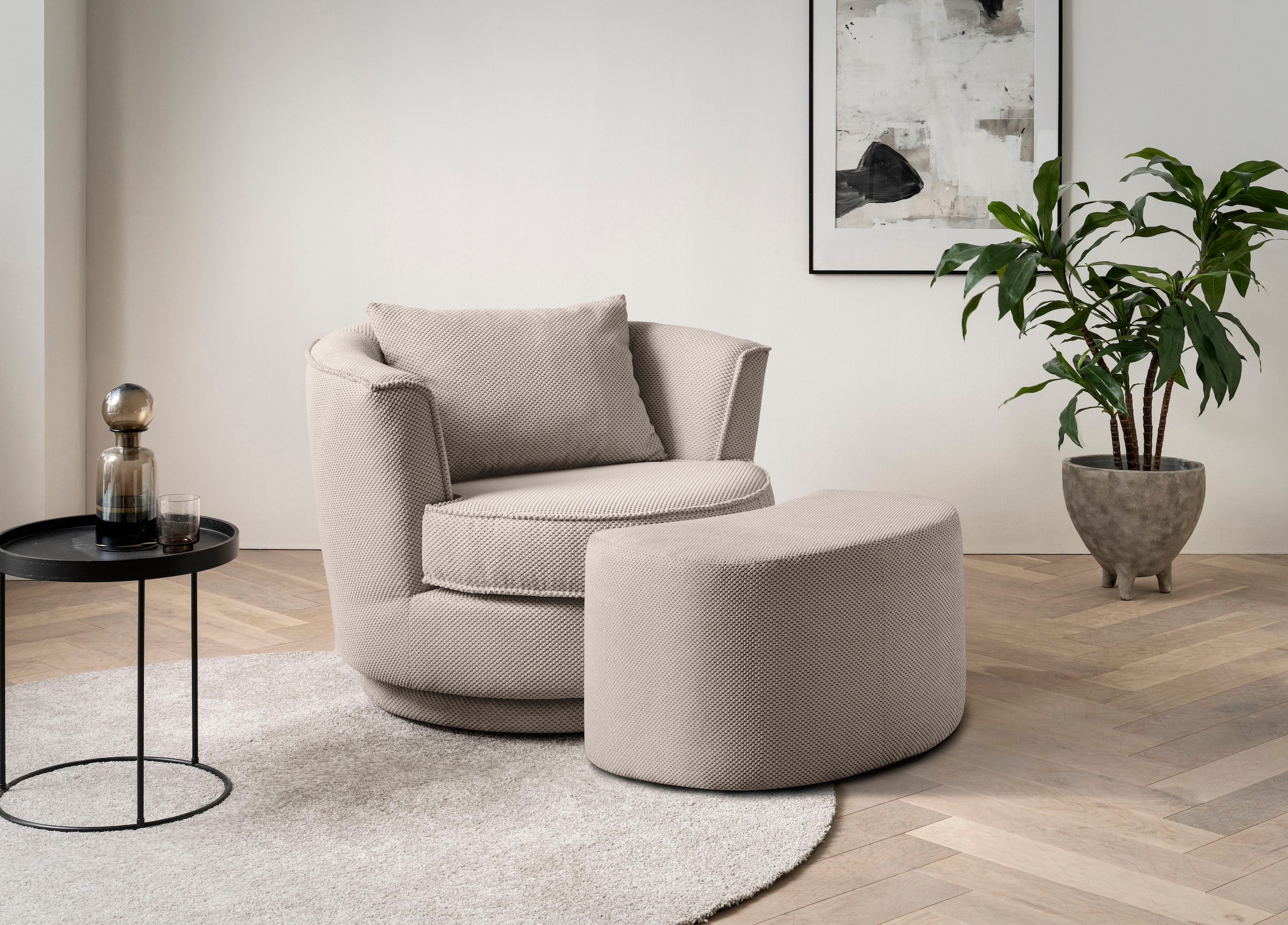 Drehsessel HOME AFFAIRE, B:95cm H:77cm T:133cm, beige, Wohnzimmer, Sessel, "MAISIE Webvelours, Love Seat,Lese-Sessel,Sessel-Set, mit Hocker", in MEGA