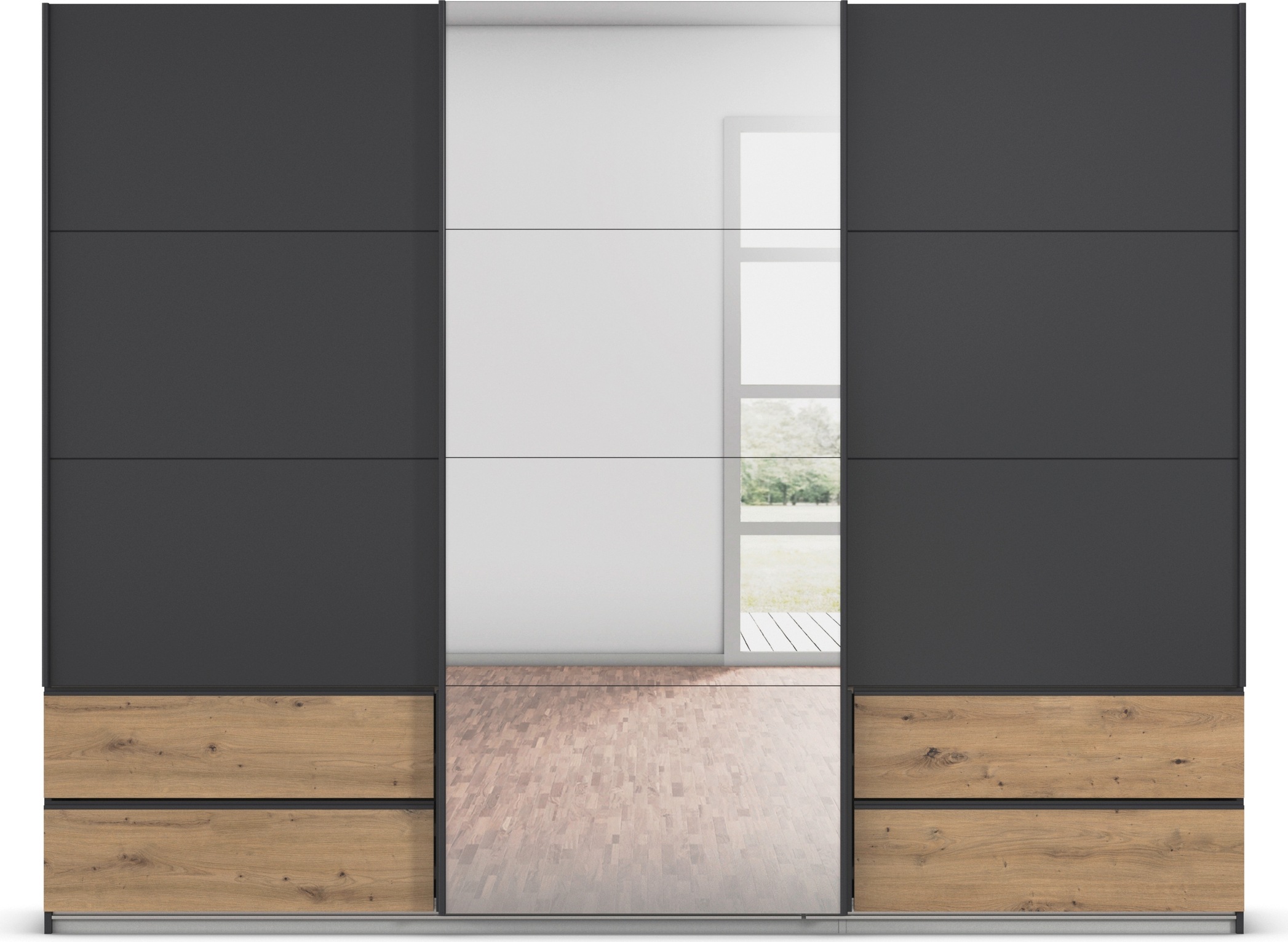 rauch Schwebetürenschrank »Kleiderschrank Schrank Garderobe Wäscheschrank ELARA mit Spiegel«, praktische Schubladen optional farblich abgesetzt MADE IN GERMANY