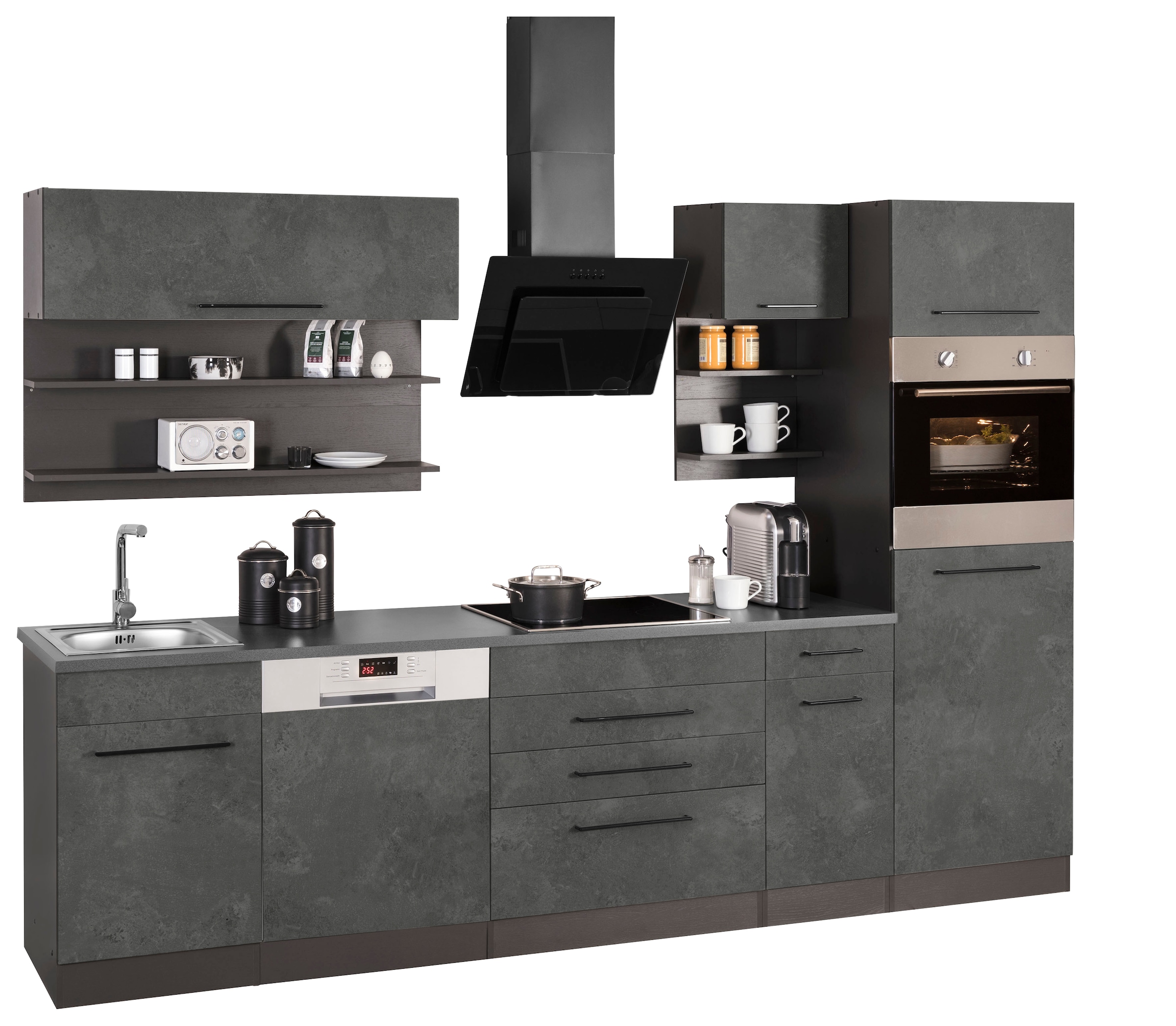 KOCHSTATION Küchenzeile »KS-Tulsa«, ohne E-Geräte, Breite 290 cm, schwarze Metallgriffe, MDF Fronten