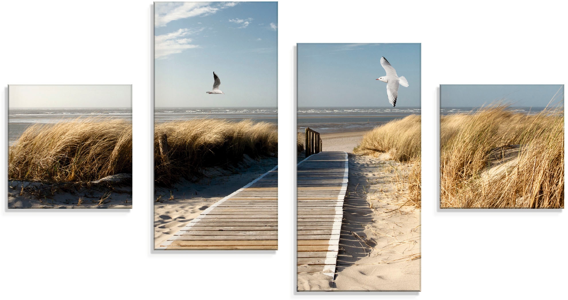 Artland Glasbild "Nordseestrand auf Langeoog mit Möwen", Strand, (4 St.), in verschiedenen Größen