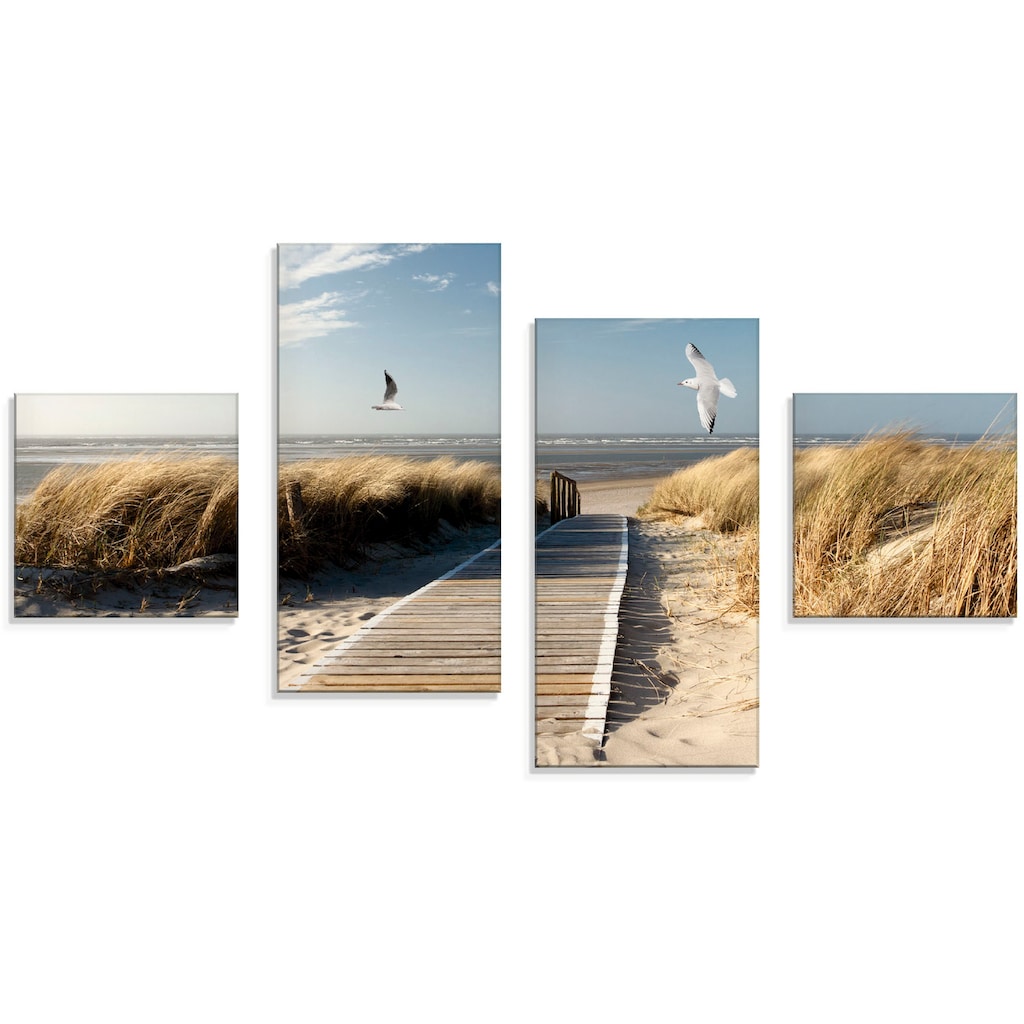 Artland Glasbild »Nordseestrand auf Langeoog mit Möwen«, Strand, (4 St.)