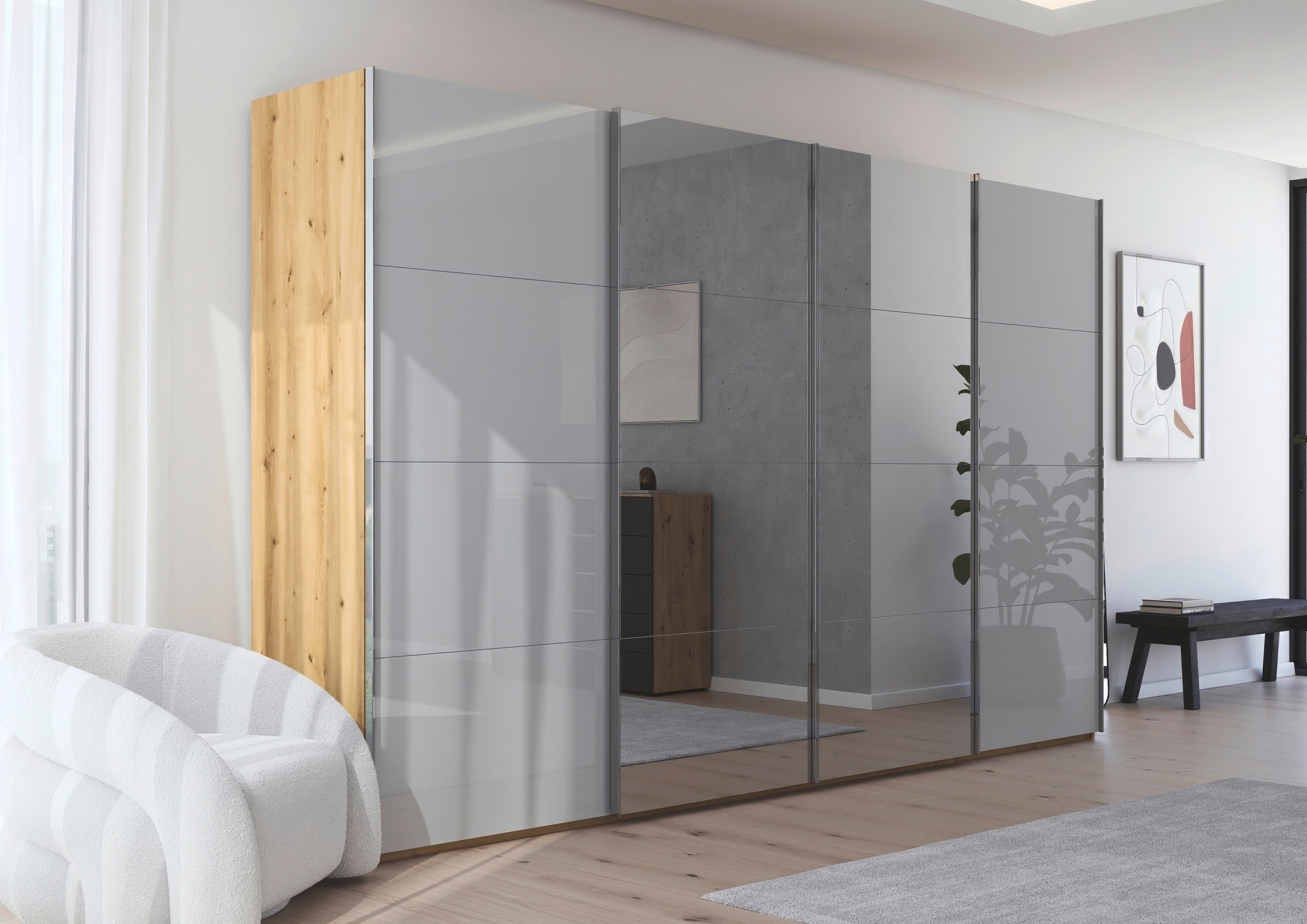 rauch Schwebetürenschrank »Kleiderschrank Schrank Garderobe Schlafzimmerschrank SCALE-FYRA«, edle viergeteilte Türen Spiegel/Glas-Mix viele Farben MADE IN GERMANY