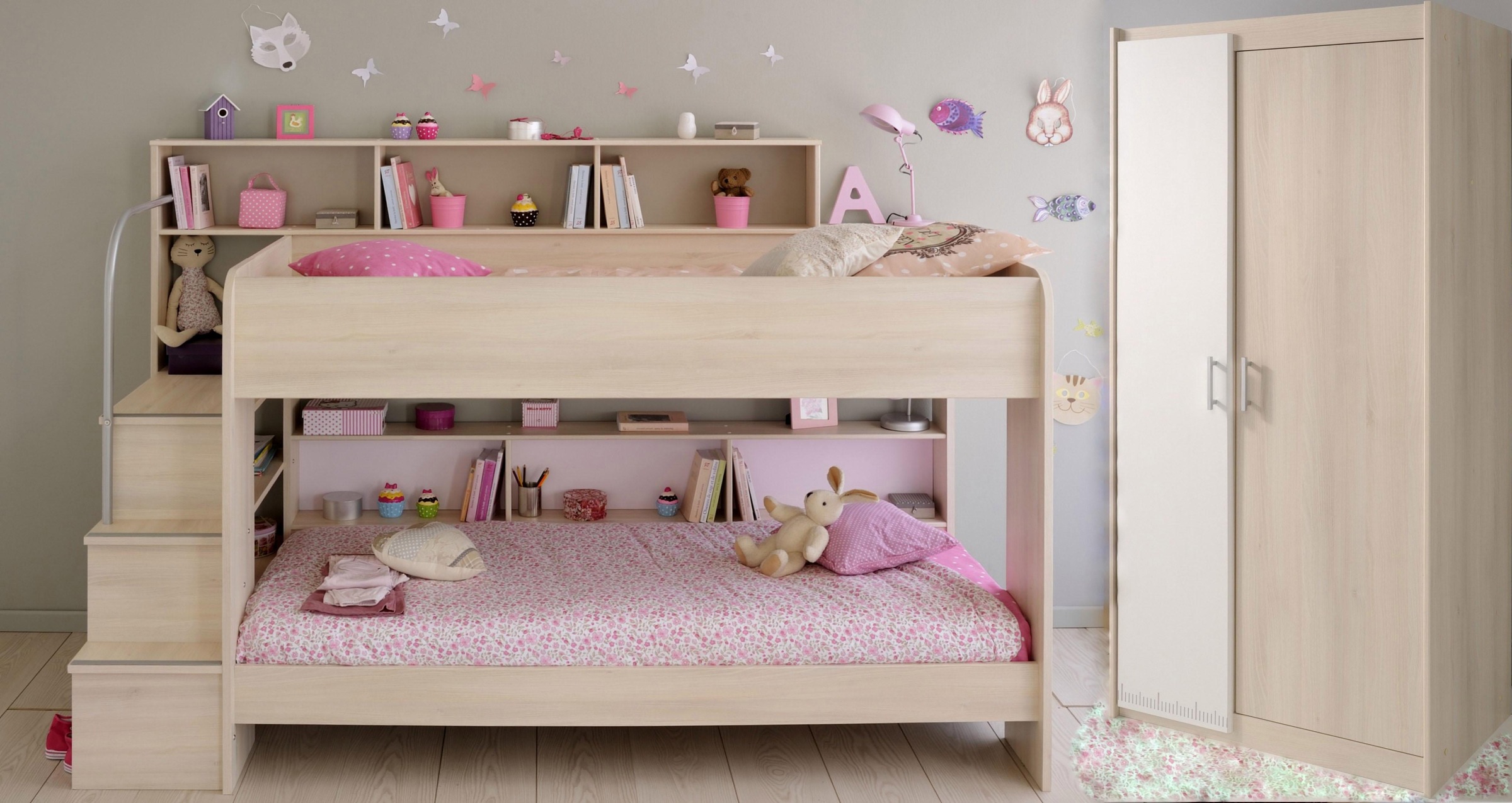 Faizee Möbel Hochbett Kinderbett Bibop Parisot +2-trg Kleiderschrank+Regale günstig online kaufen