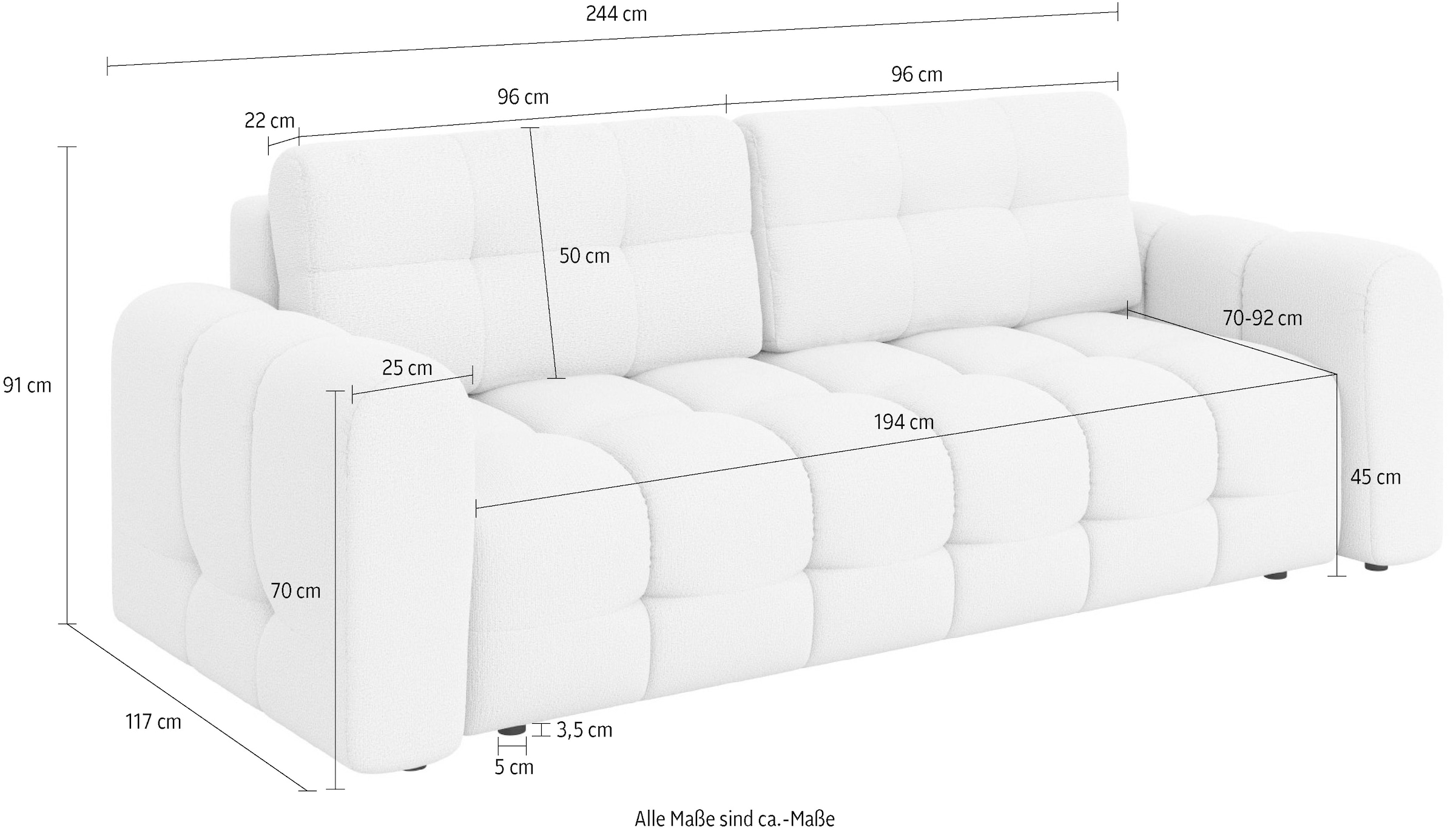 INOSIGN 3-Sitzer »Manilla, wahlweise mit Bettfunktion, B/T/H 265/117/91 cm«, mit Wellenunterfederung, in verschiedenen Materialien und Farben