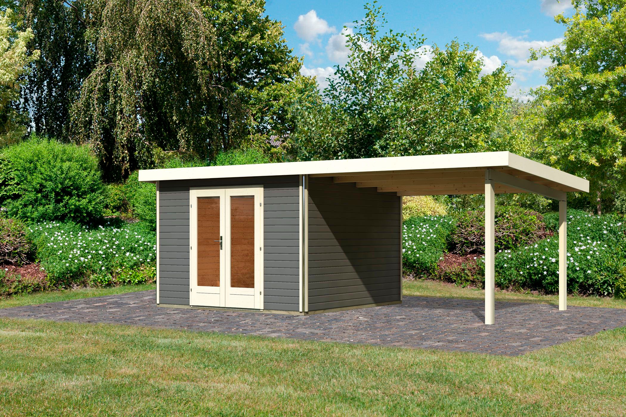 Karibu Gartenhaus "Rabensee 1" mit Anbaudach 3,30 m, terragrau günstig online kaufen