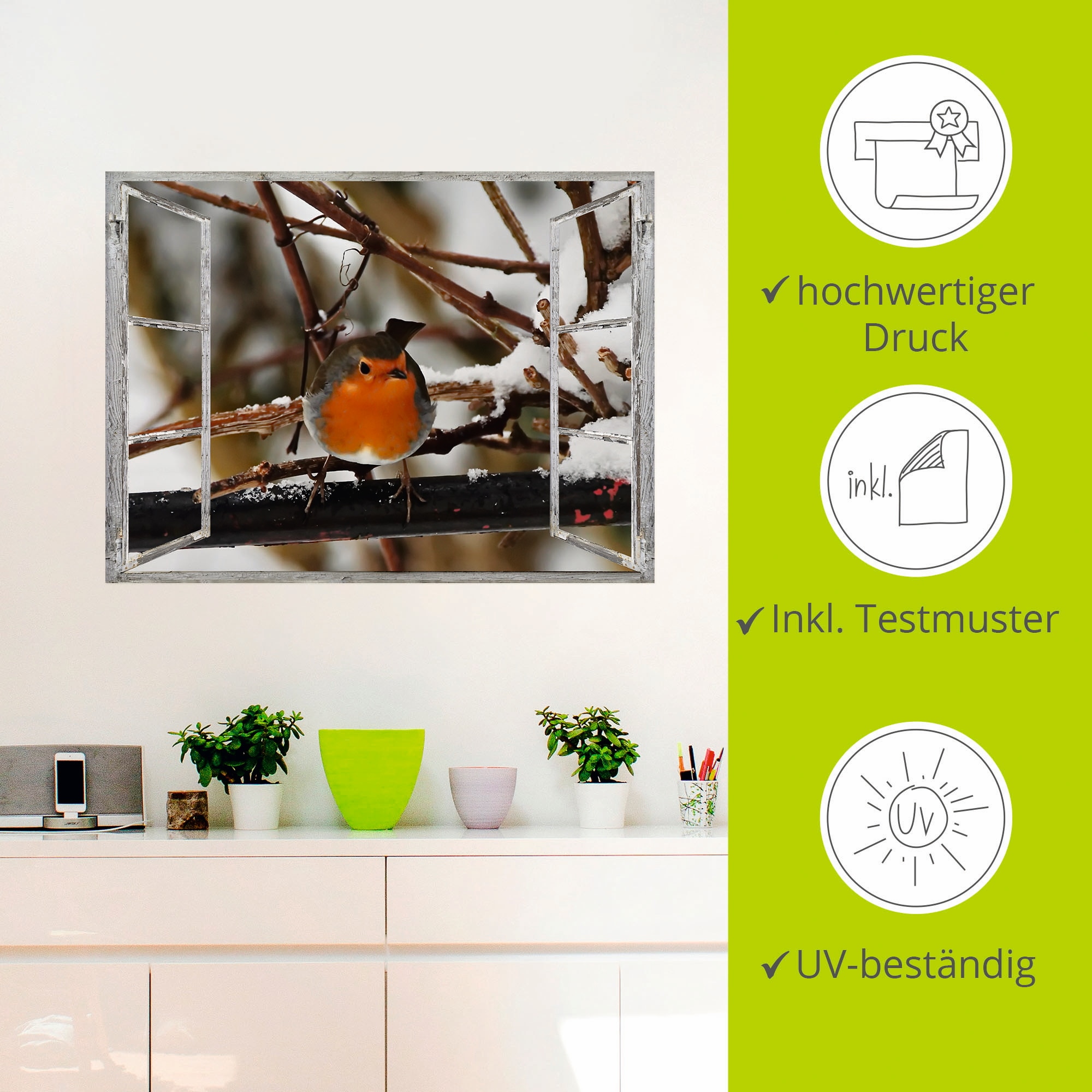 Artland Wandbild »Fensterbild - Rotkehlchen«, Vögel, (1 St.), als Poster, Wandaufkleber in verschied. Größen