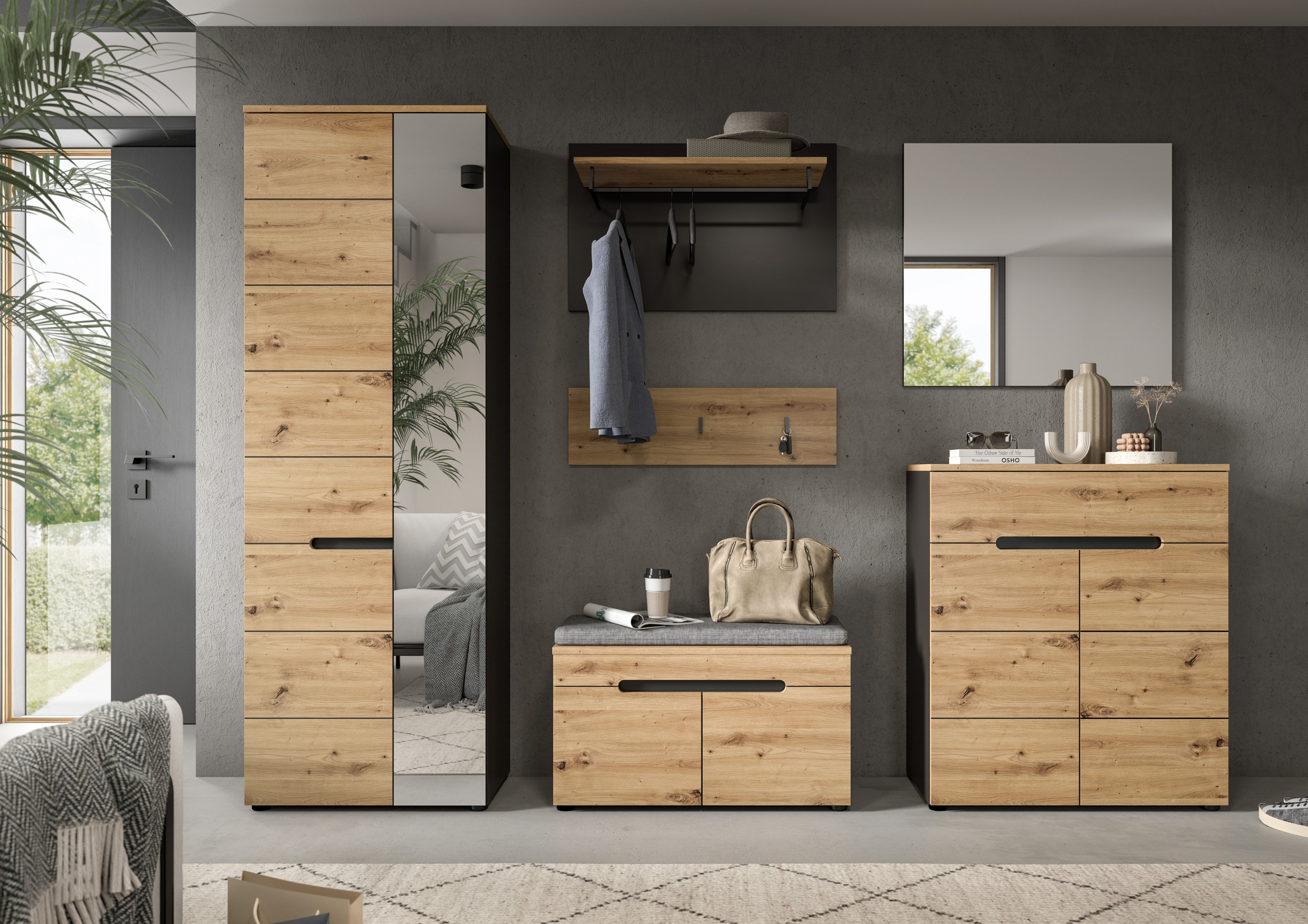 INOSIGN Garderoben-Set, (Set, 6 St., Schrank, Sitzbank, Sitzkissen, Paneel, Hakenleiste, Spiegel, Kommode), Garderobenkombination, Kombination, Set, Flurgarderobe, Diele